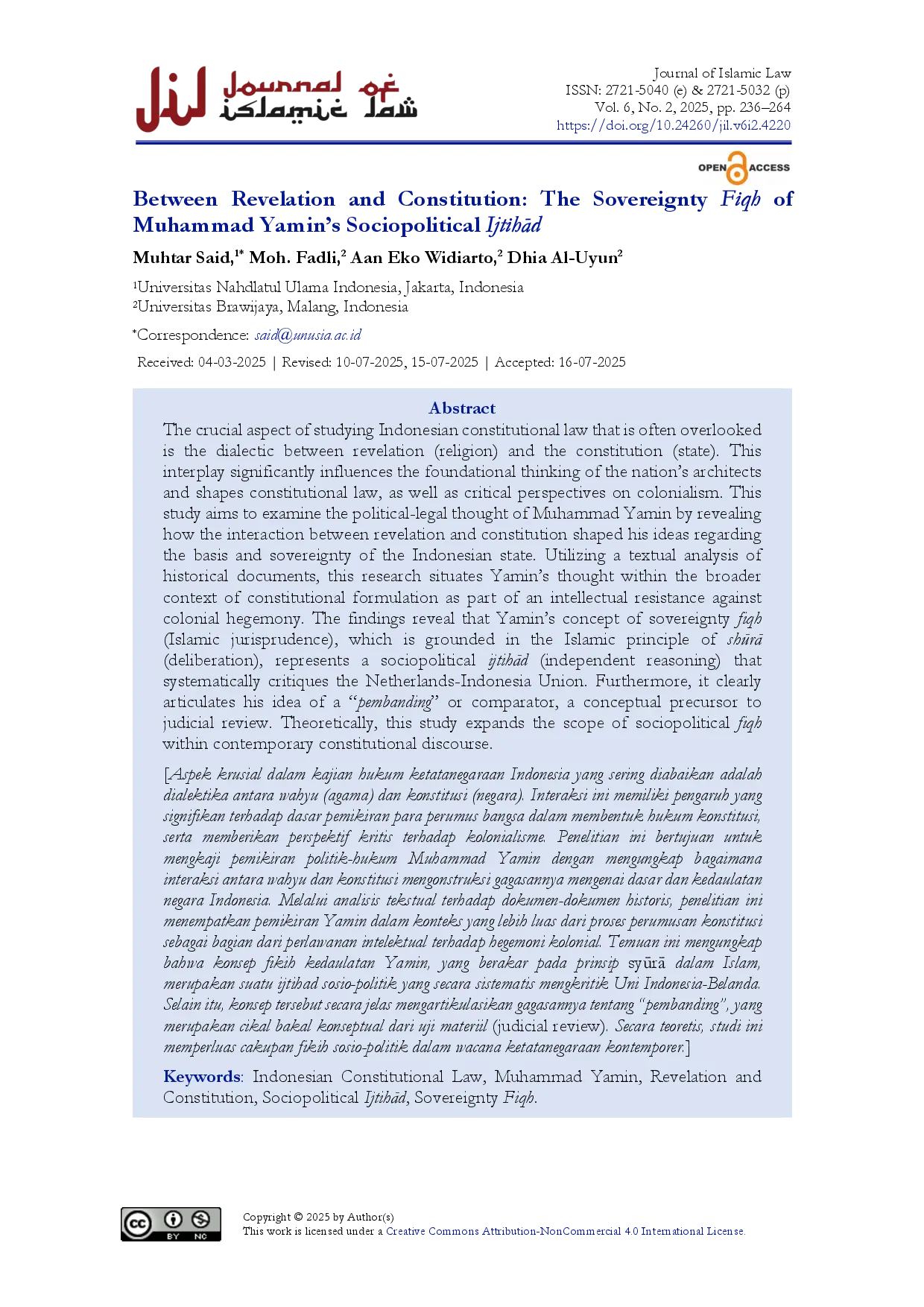 juris Between Revelation and Constitution The Sovereignty Fiqh of Muhammad Yamin s Sociopolitical IjtihAd