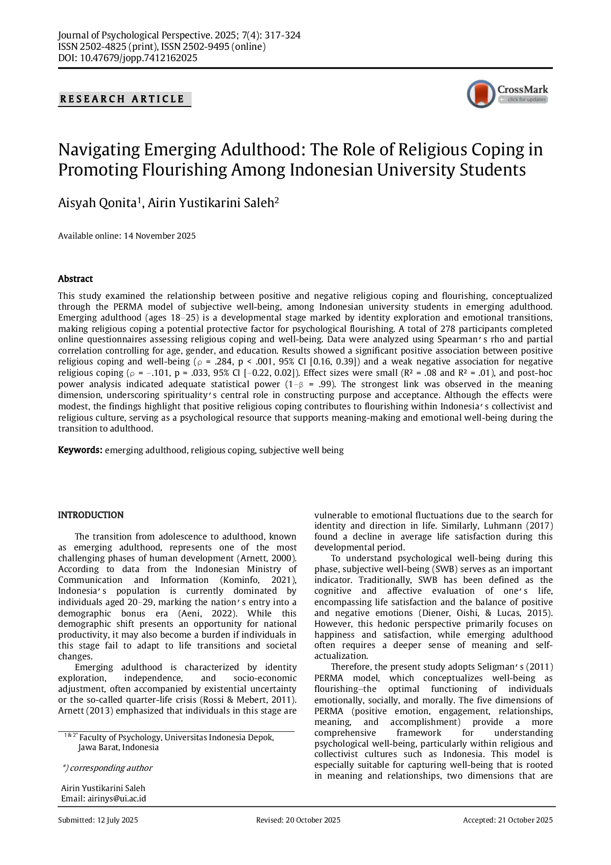 JURIS Navigating Emerging Adulthood The Role of Religious Coping in Promoting Flourishing Among Indonesian University Students