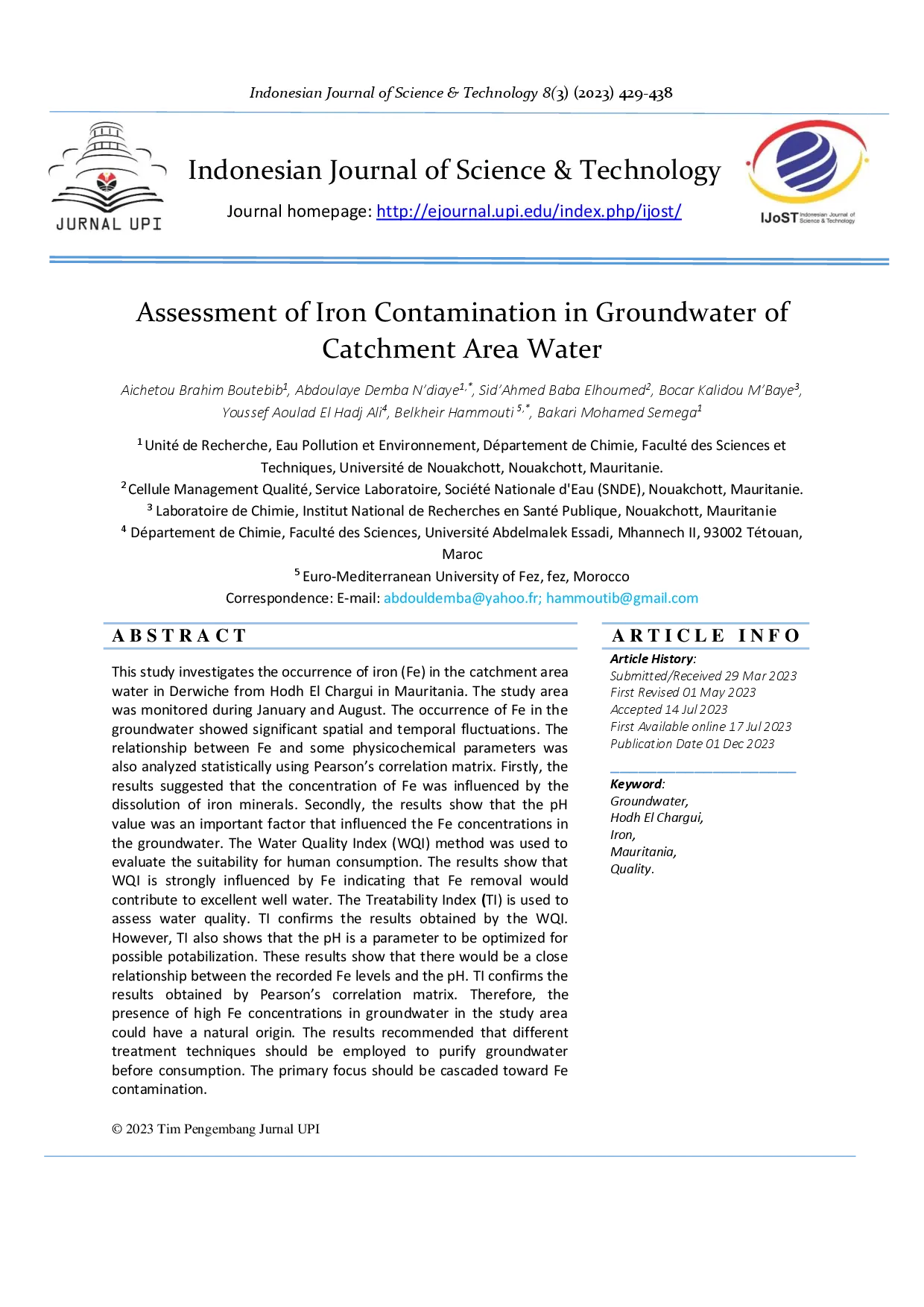 juris Assessment of Iron Contamination in Groundwater of Catchment Area Water