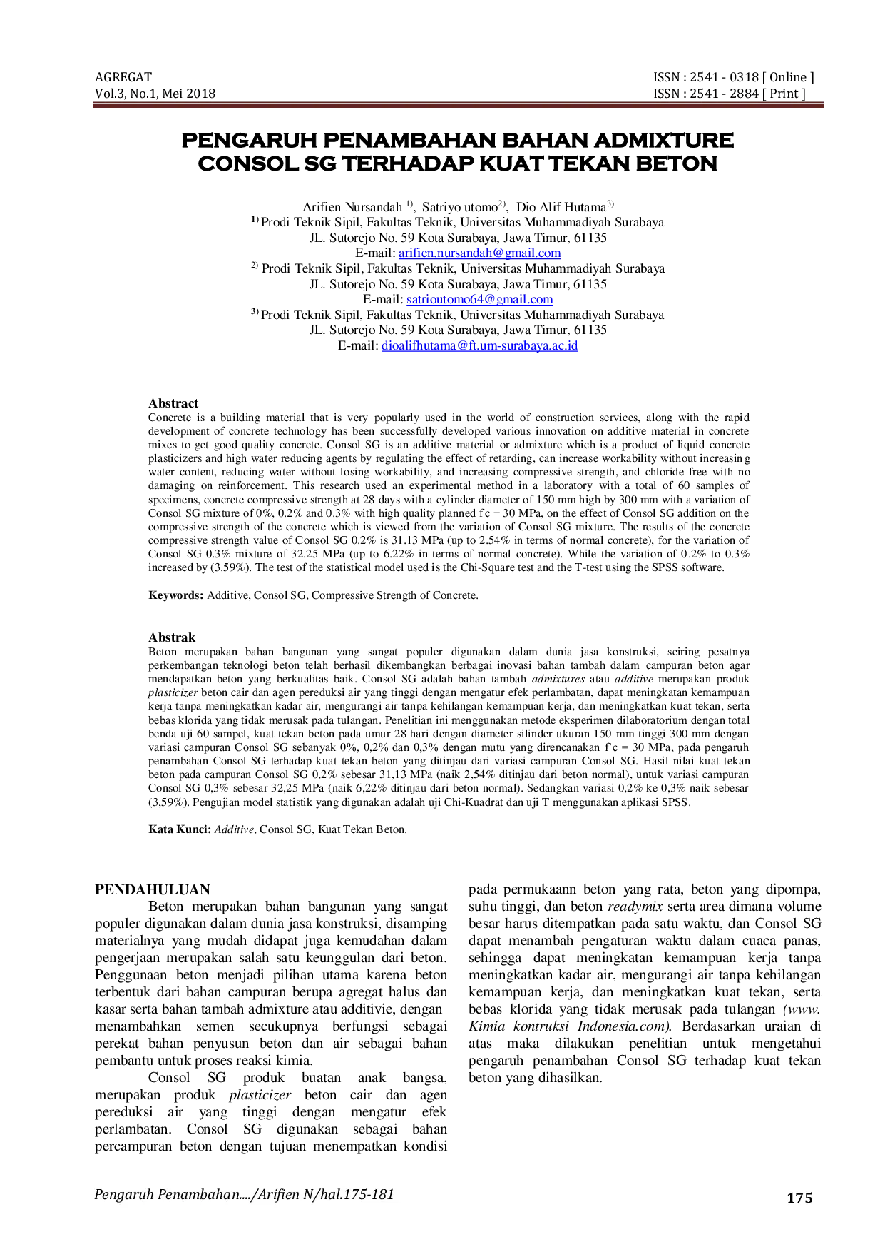 JURIS Pengaruh Penambahan Bahan Admixture Consol SG Terhadap Kuat Tekan Beton