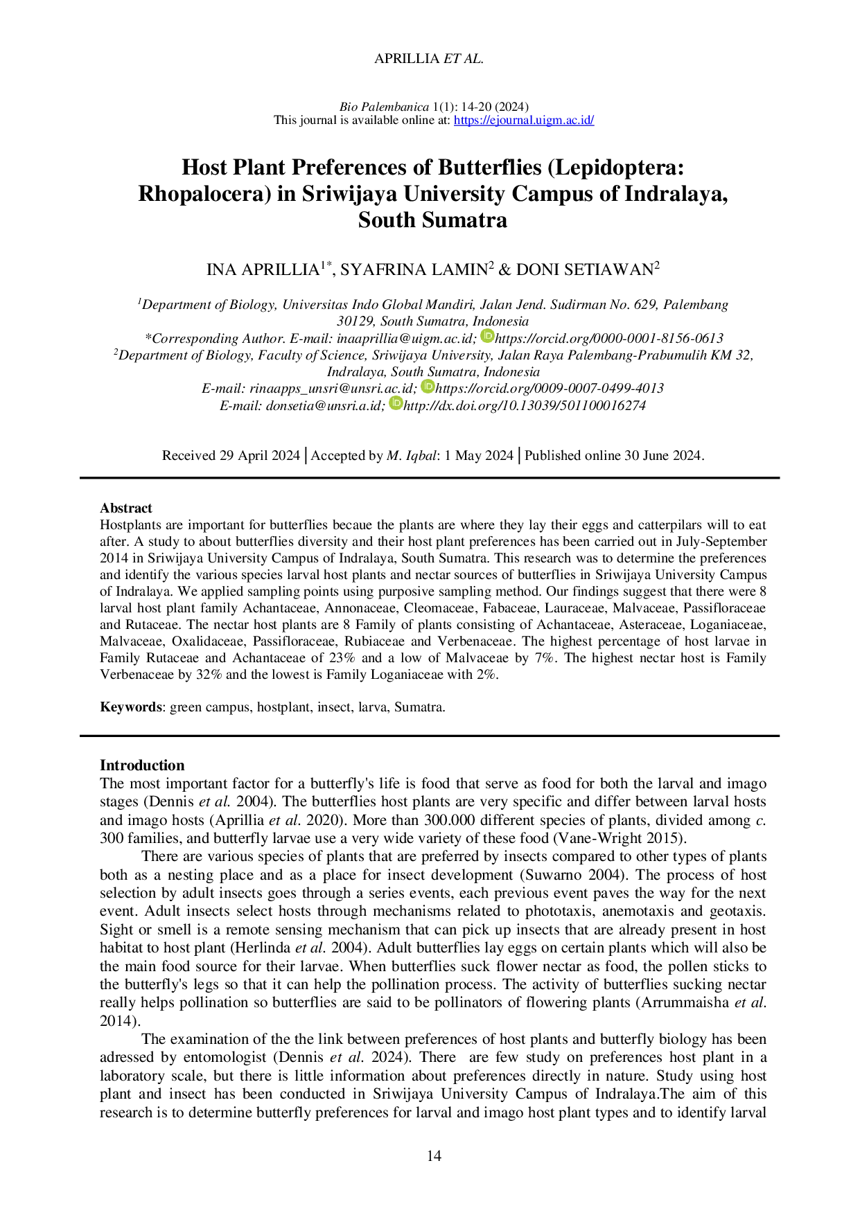 JURIS Host Plant Preferences of Butterflies Lepidoptera Rhopalocera in Sriwijaya University Campus of Indralaya South Sumatra