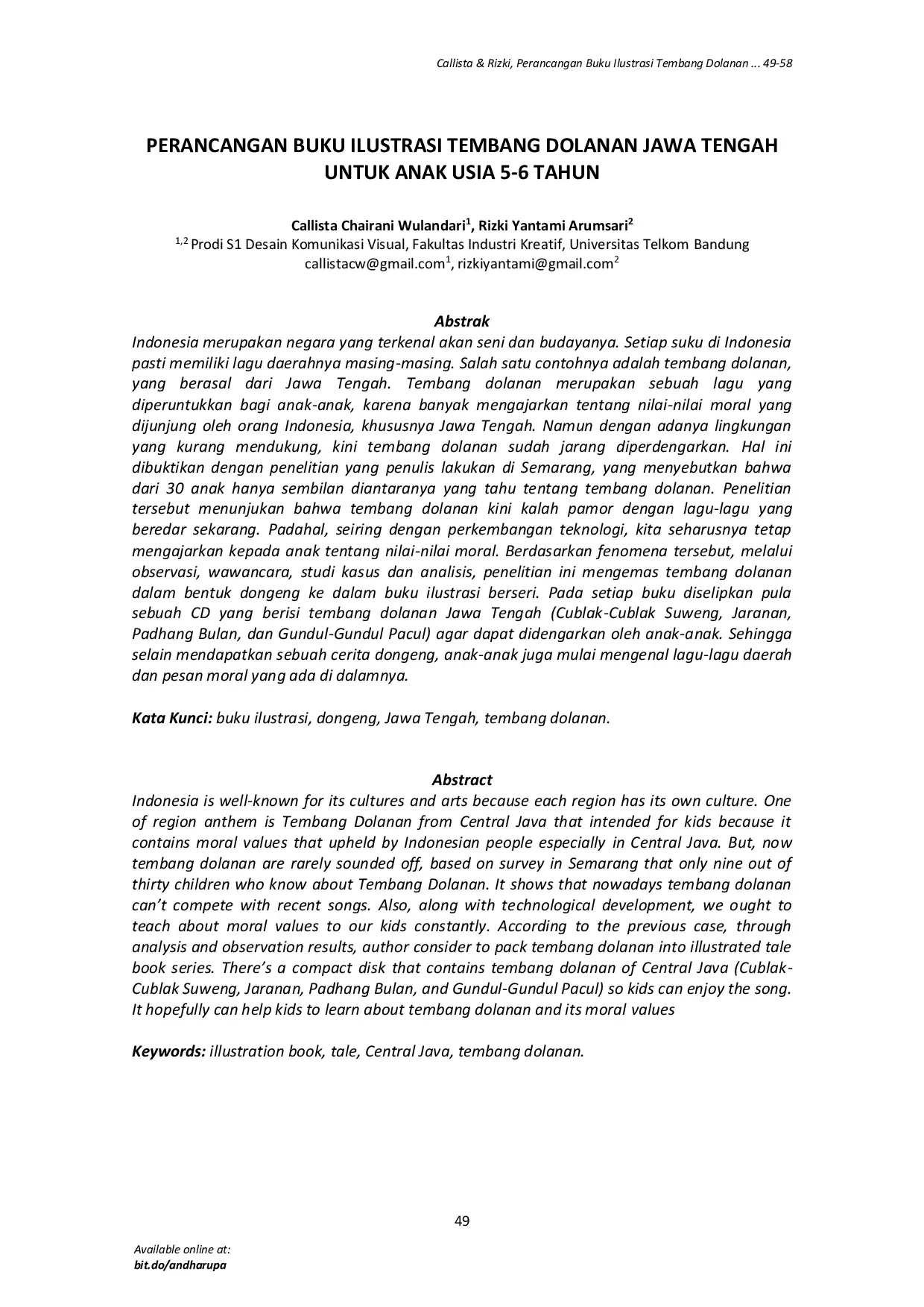 JURIS Perancangan Buku Ilustrasi Tembang Dolanan Jawa Tengah untuk Anak Usia 5 6 Tahun