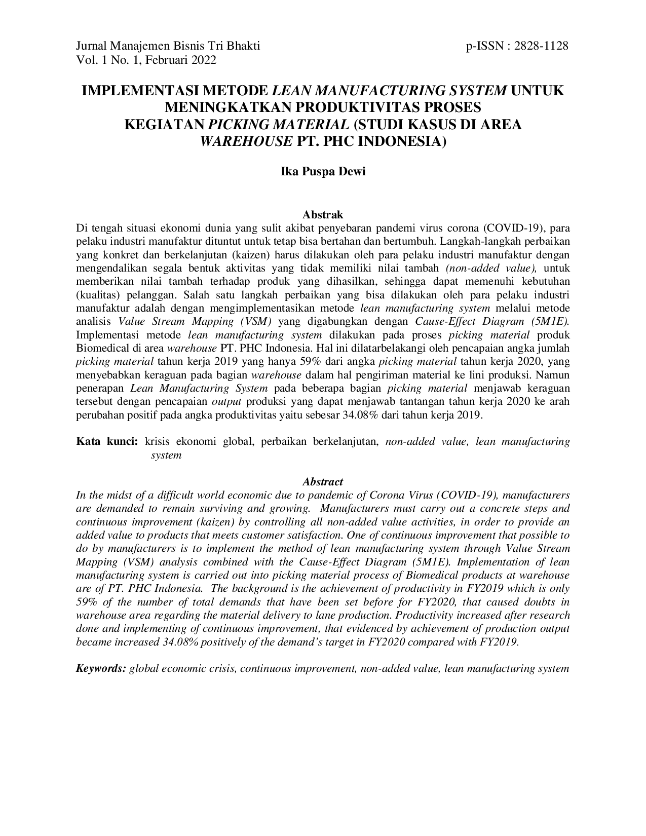JURIS Implementasi Metode Lean Manufacturing System untuk Meningkatkan Produktivitas Proses Kegiatan Picking Material Studi Kasus di Area Warehouse PT PHC Indonesia