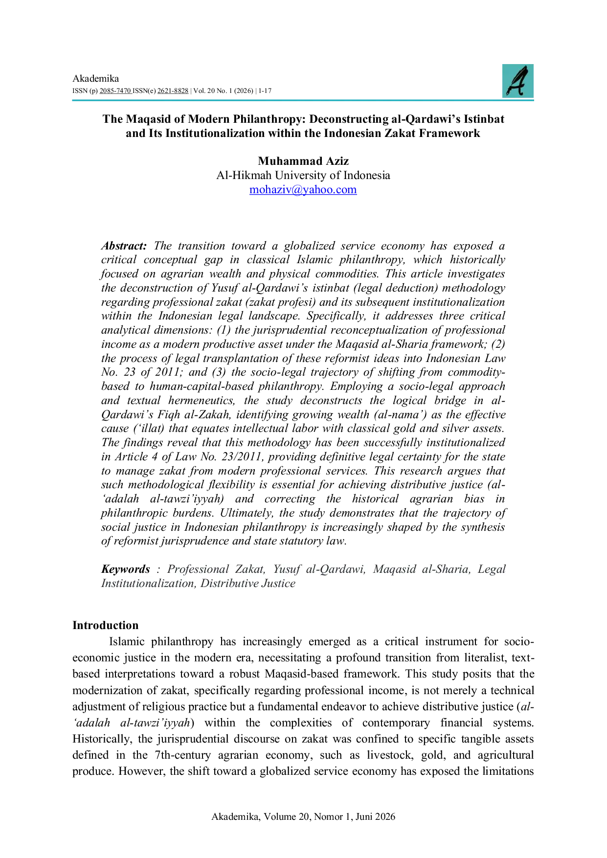 JURIS The Maqasid Of Modern Philanthropy Deconstructing Al Qardawi s Istinbat And Its Institutionalization Within The Indonesian Zakat Framework