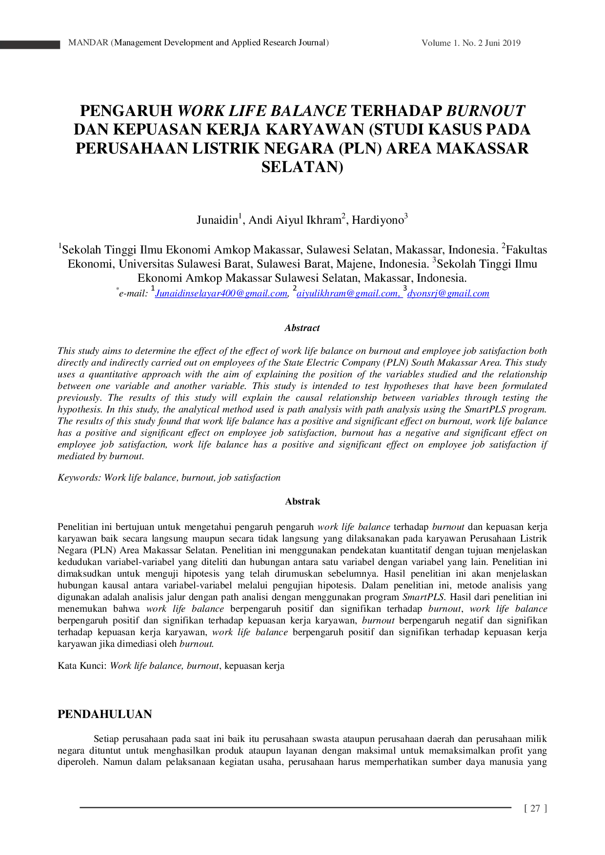 JURIS Pengaruh Work Life Balance Terhadap Burnout dan Kepuasan Kerja Karyawan Studi Kasus pada Perusahaan Listrik Negara PLN Area Makassar Selatan