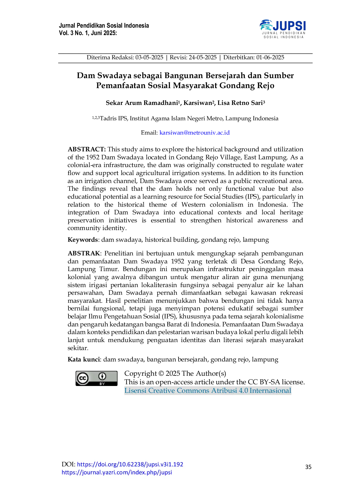 JURIS Dam Swadaya sebagai Bangunan Bersejarah dan Sumber Pemanfaatan Sosial Masyarakat Gondang Rejo