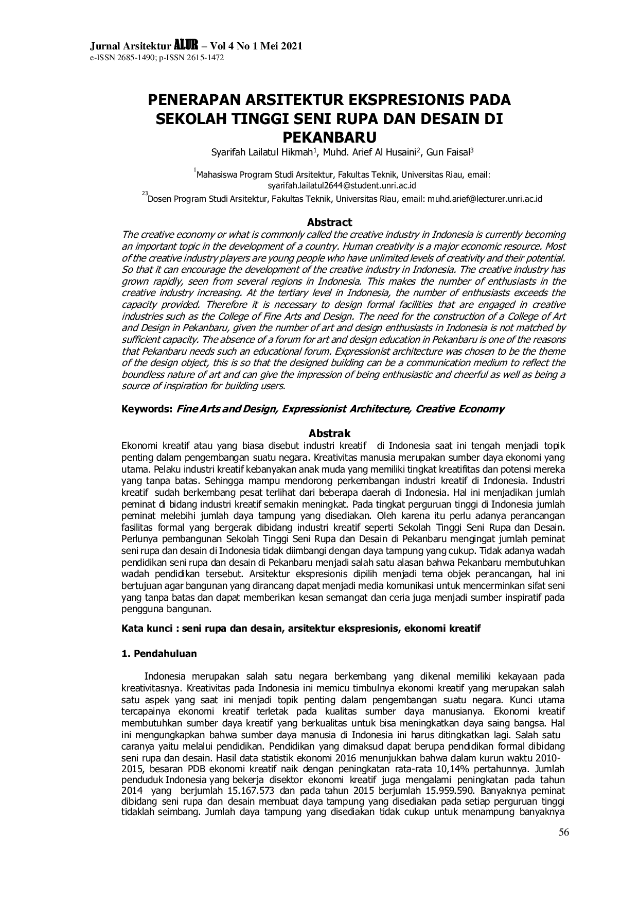 JURIS Penerapan Arsitektur Ekspresionis Pada Sekolah Tinggi Seni Rupa Dan Desain Di Pekanbaru