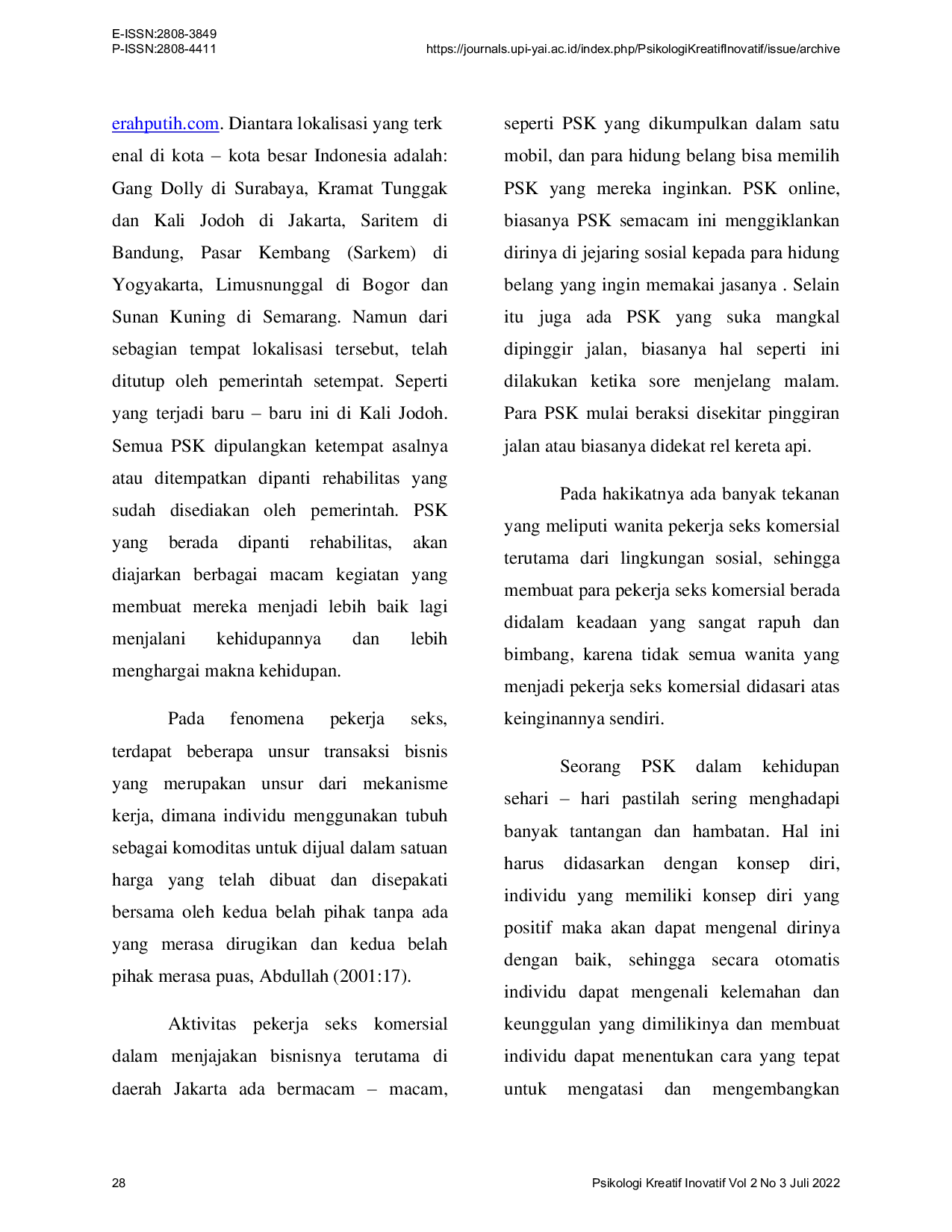 JURIS Hubungan Konsep Diri dengan Makna Hidup pada Pekerja Seks Komersial PSK yang Menjalani Rehabilitasi Dipanti Sosial Bina Karya Wanita Harapan Mulia Jakarta Barat