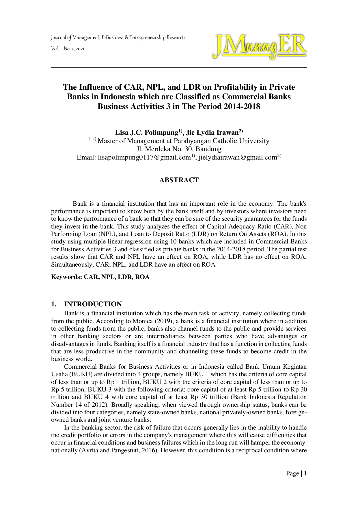 JURIS The Influence of CAR NPL and LDR on Profitability in Private Banks in Indonesia which are Classified as Commercial Banks Business Activities 3 in The Period 2014 2018