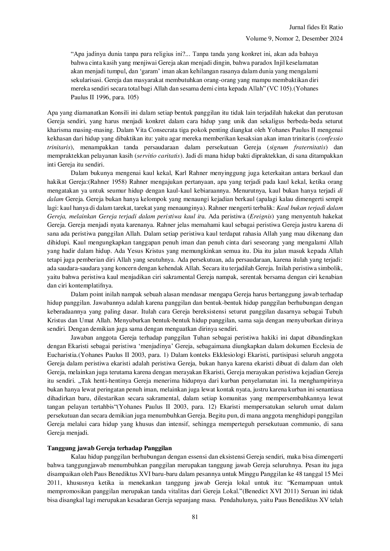 JURIS Tinjauan Eklesiologis Atas Tanggung Jawab Gereja Atas Kerasulan Panggilan