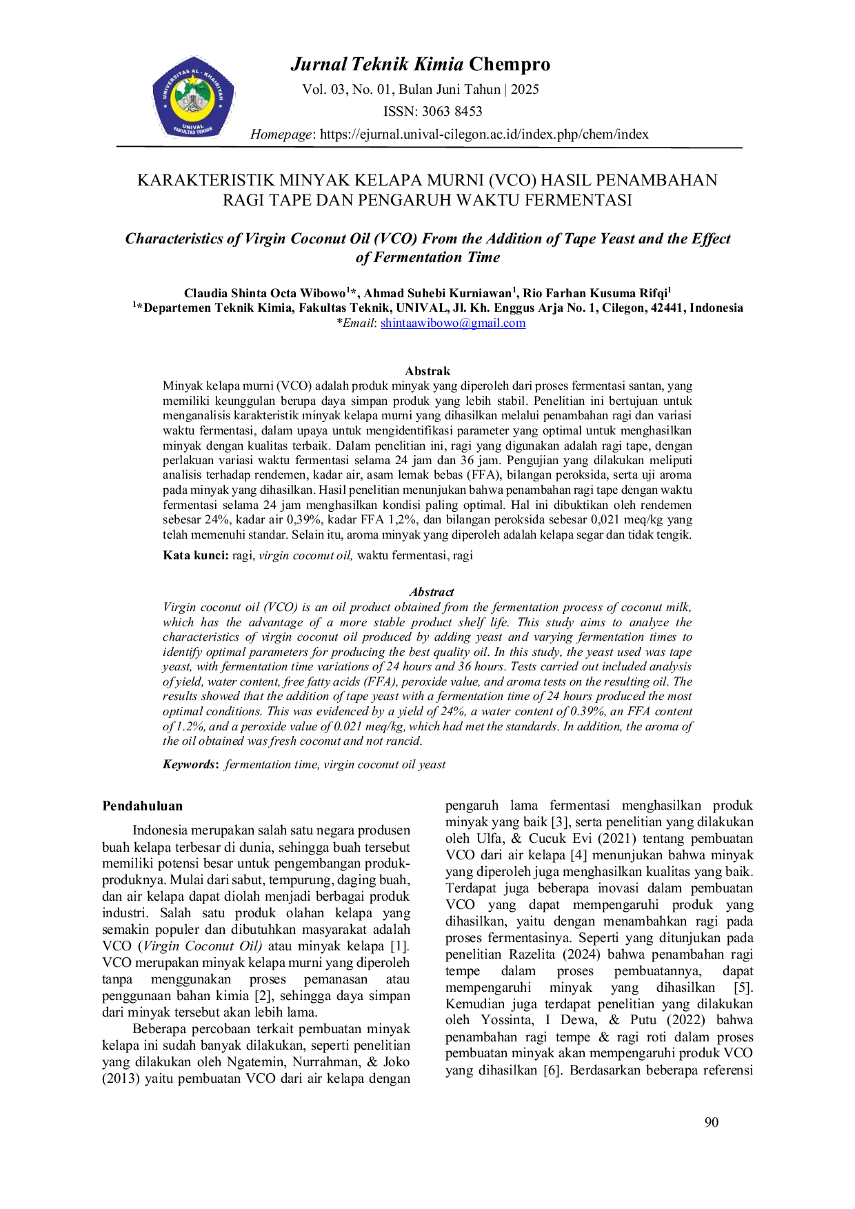 JURIS Characteristics of Virgin Coconut Oil VCO From the Addition of Tape Yeast and the Effect of Fermentation Time
