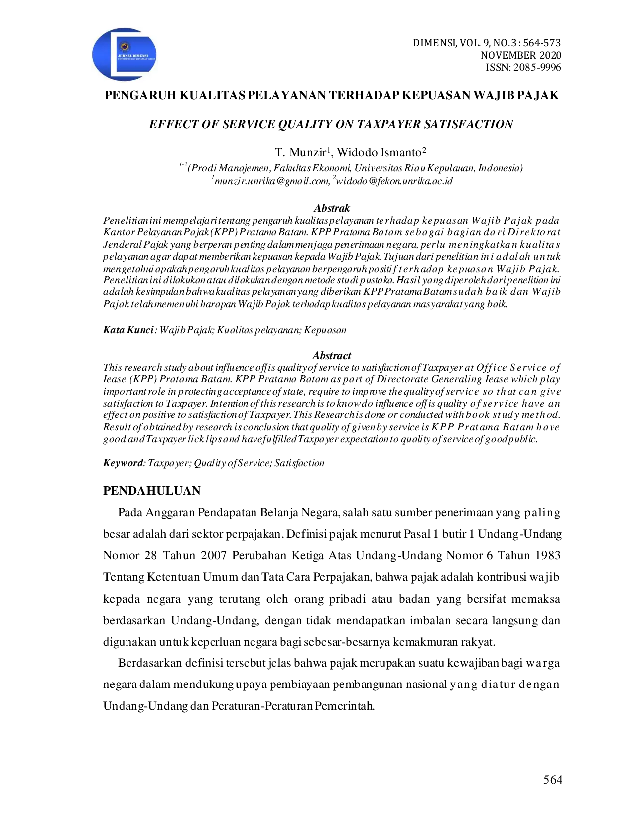 JURIS Pengaruh Kualitas Pelayanan Terhadap Kepuasan Wajib Pajak