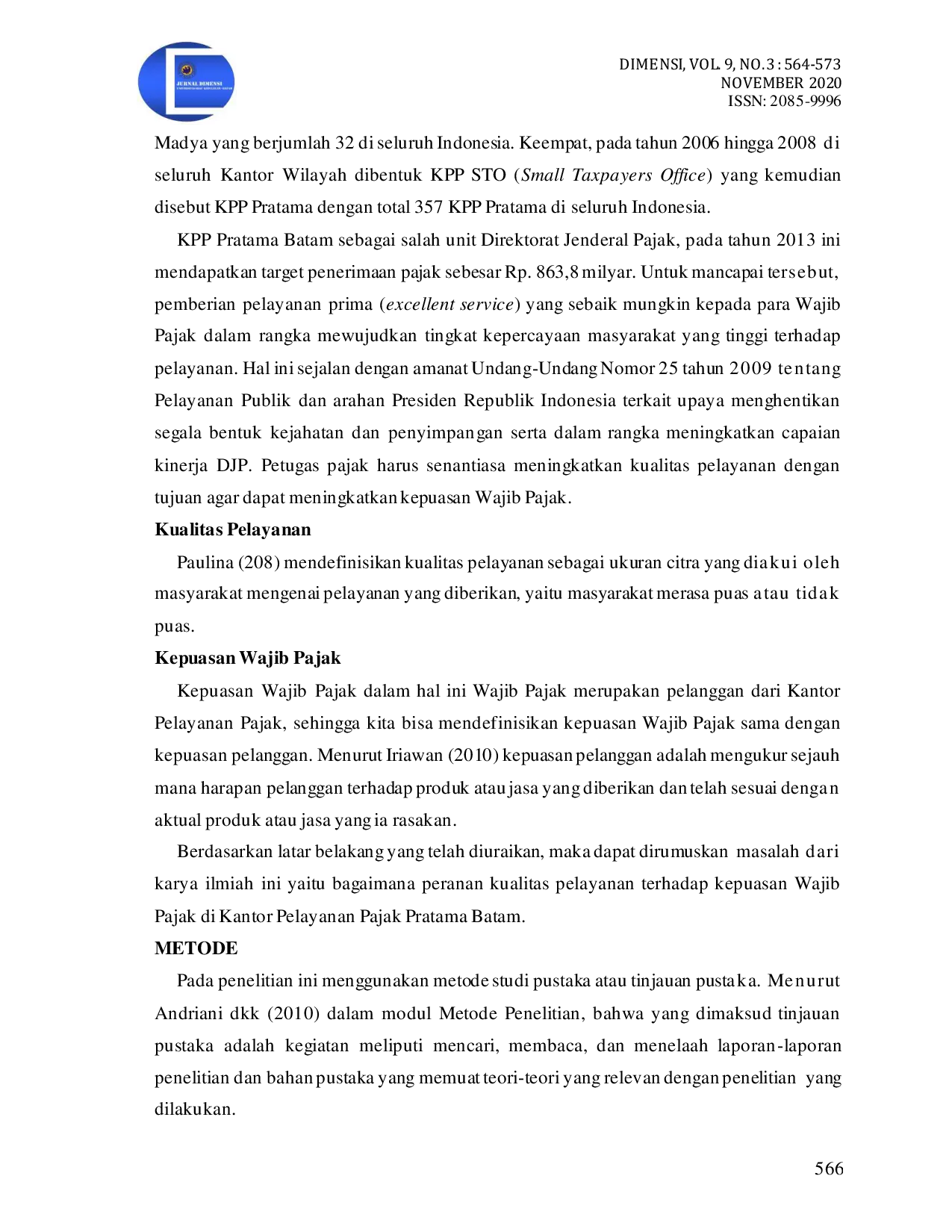 JURIS Pengaruh Kualitas Pelayanan Terhadap Kepuasan Wajib Pajak