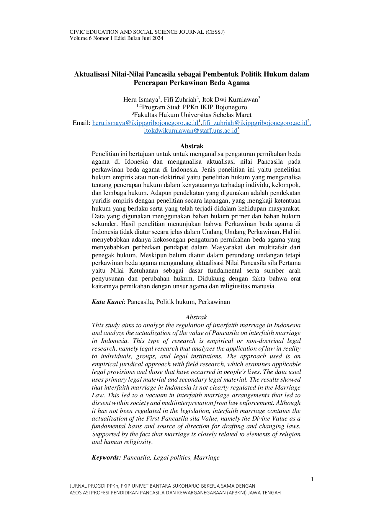 JURIS Aktualisasi Nilai Nilai Pancasila sebagai Pembentuk Politik Hukum dalam Penerapan Perkawinan Beda Agama