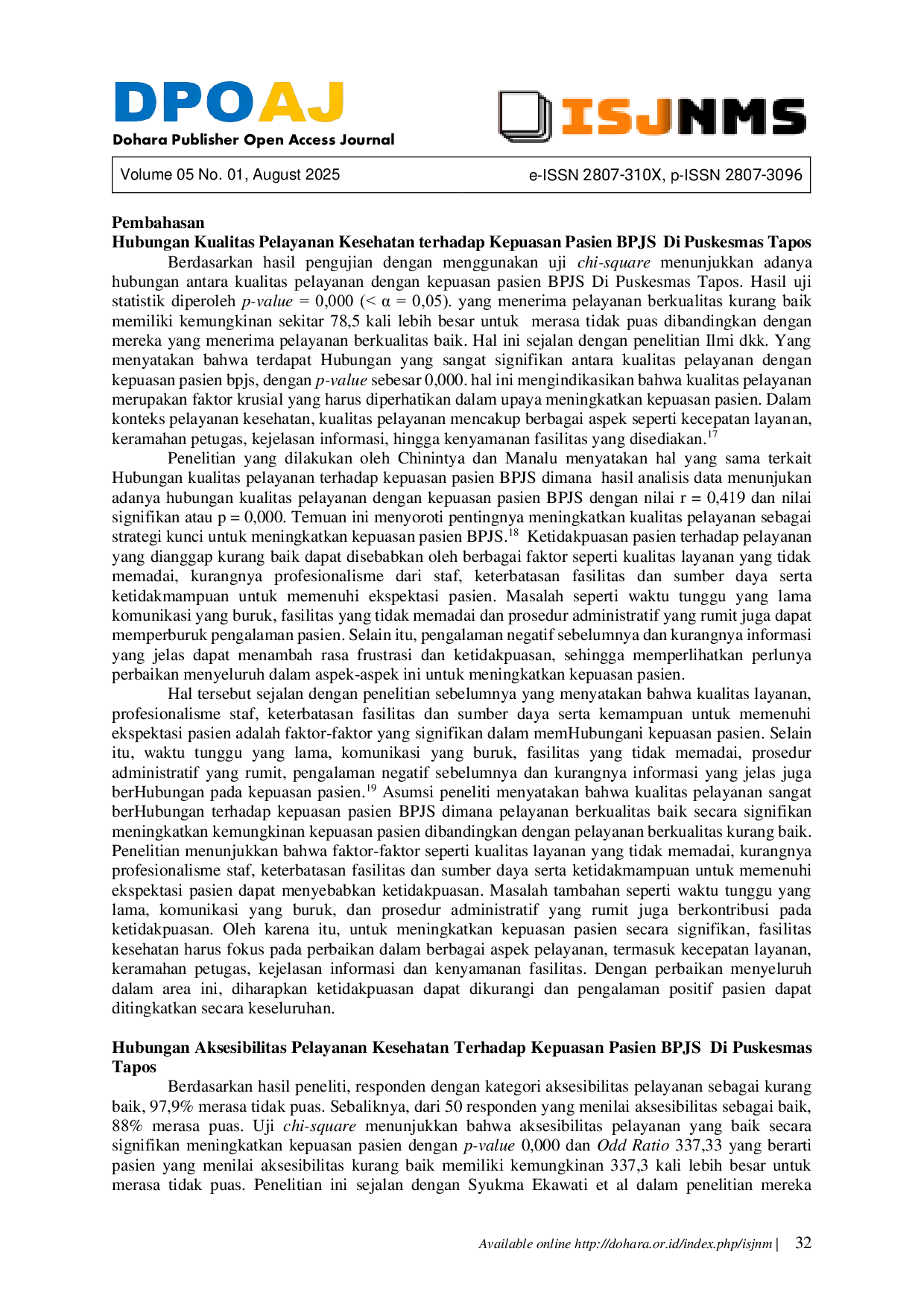 JURIS Hubungan Kualitas Pelayanan Dan Aksesibilitas Pelayanan Kesehatan Terhadap Tingkat Kepuasan Pasien BPJS Di UPTD Puskesmas Tapos