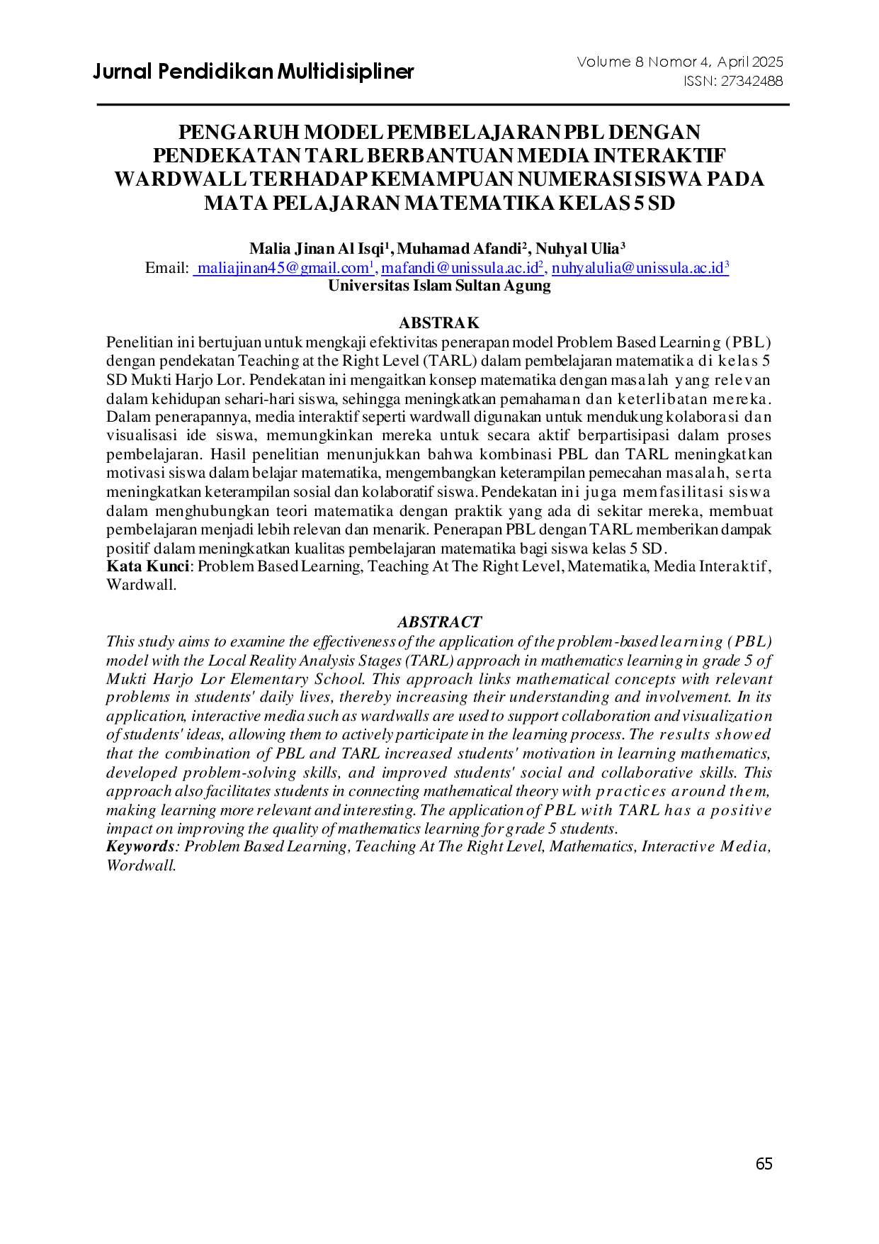 juris Pengaruh Model Pembelajaran PBL Dengan Pendekatan Tarl Berbantuan Media Interaktif Wardwall Terhadap Kemampuan Numerasi Siswa Pada Mata Pelajaran Matematika Kelas 5 SD