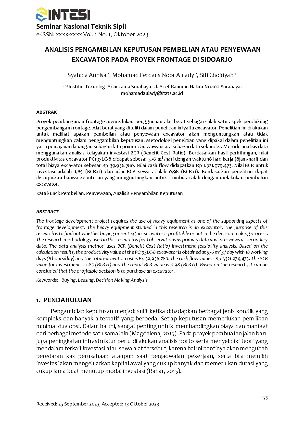 juris Analisis Pengambilan Keputusan Pembelian atau Penyewaan Excavator pada Proyek Frontage di Sidoarjo