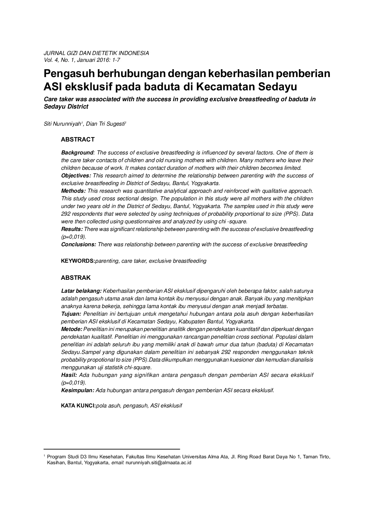 JURIS Pengasuh Berhubungan Dengan Keberhasilan Pemberian ASI Eksklusif Pada Baduta Di Kecamatan Sedayu