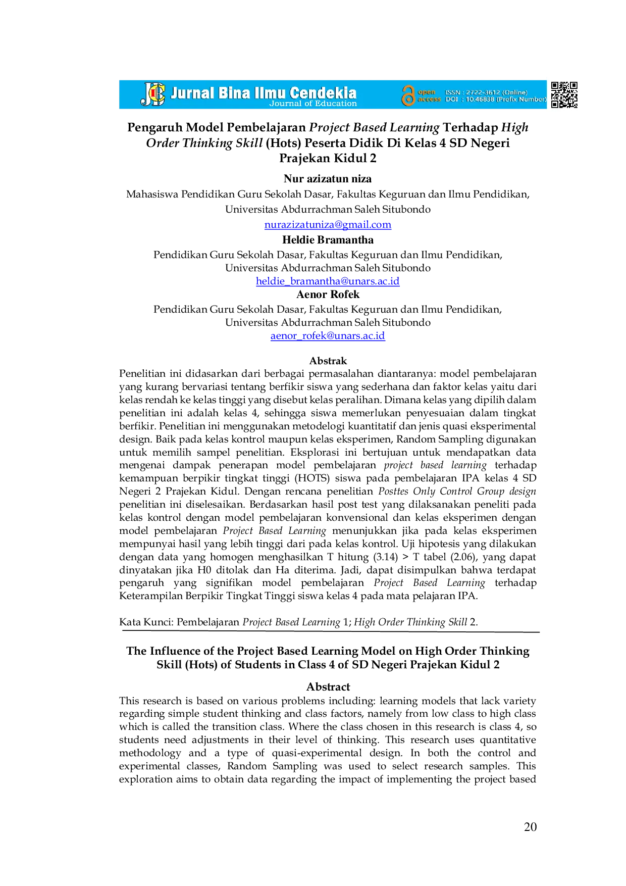 JURIS Pengaruh Model Pembelajaran Project Based Learning Terhadap High Order Thinking Skill Hots Peserta Didik Di Kelas 4 SD Negeri Prajekan Kidul 2