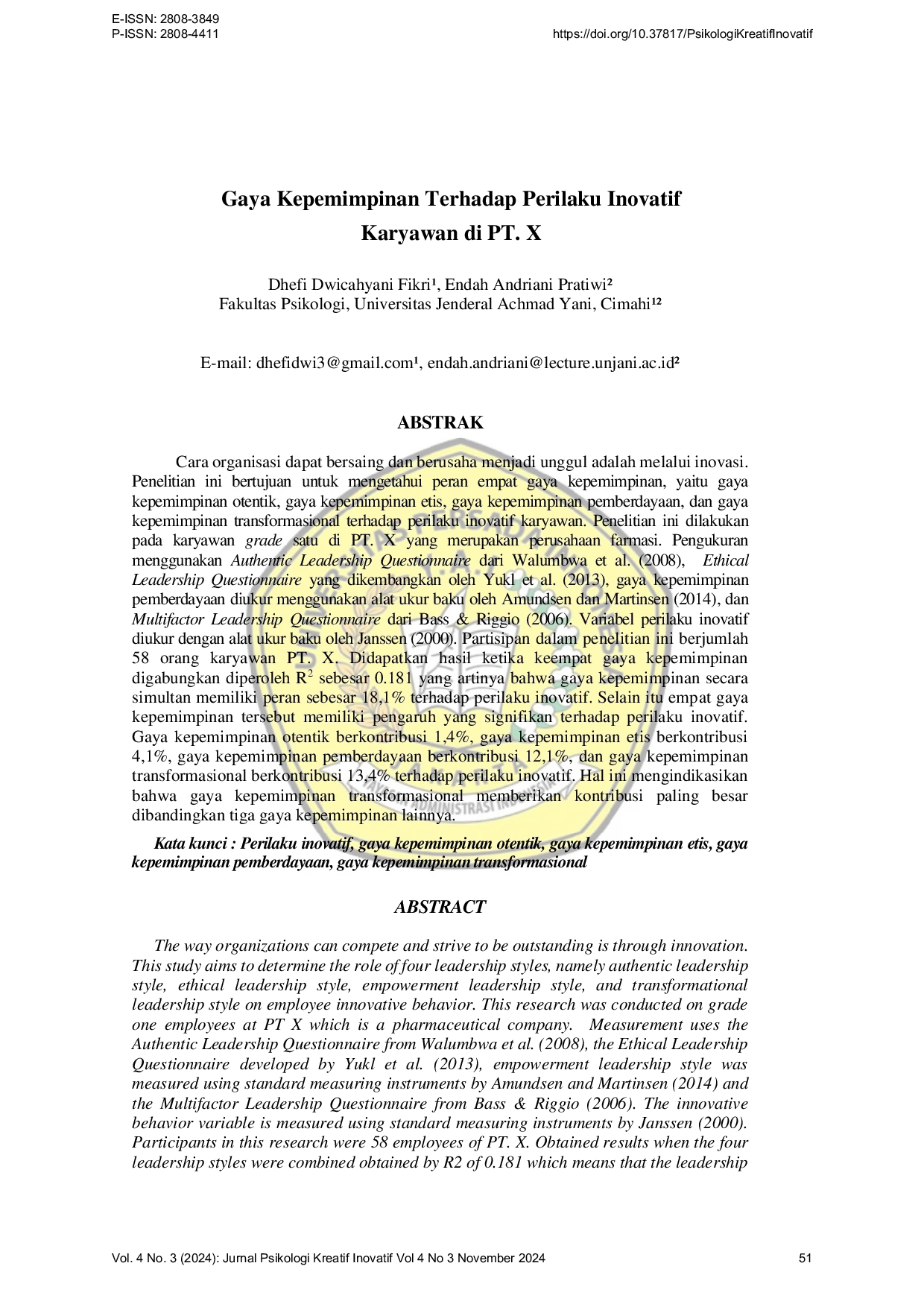 JURIS Gaya Kepemimpinan Terhadap Perilaku Inovatif Karyawan di PT X