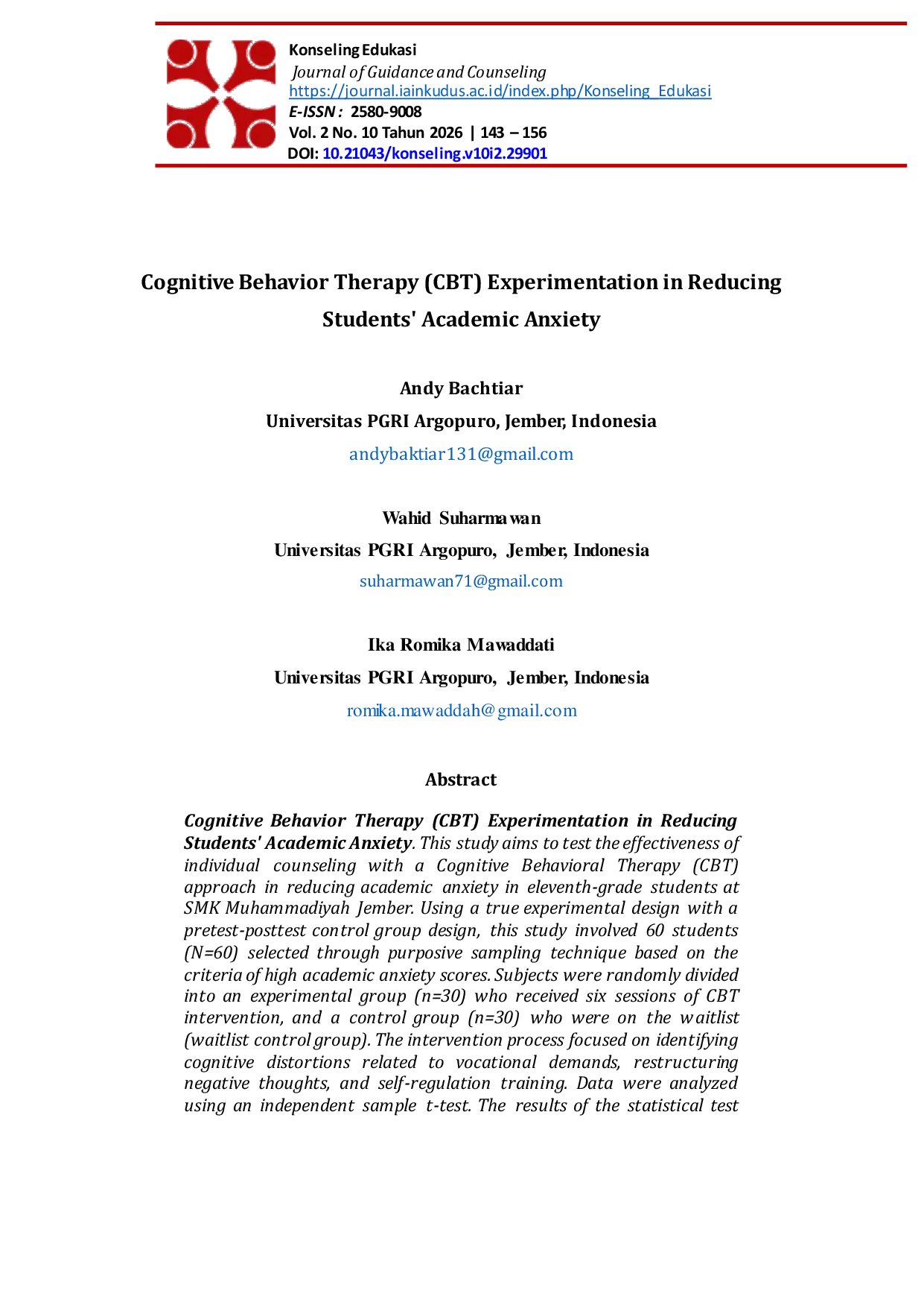 JURIS Cognitive Behavior Therapy CBT Experimentation in Reducing Students Academic Anxiety