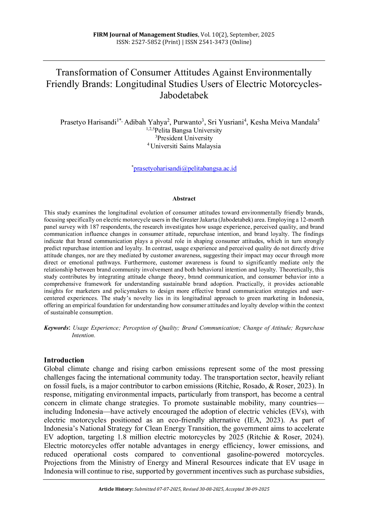 JURIS Transformation of Consumer Attitudes Against Environmentally Friendly Brands Longitudinal Studies Users of Electric Motorcycles Jabodetabek