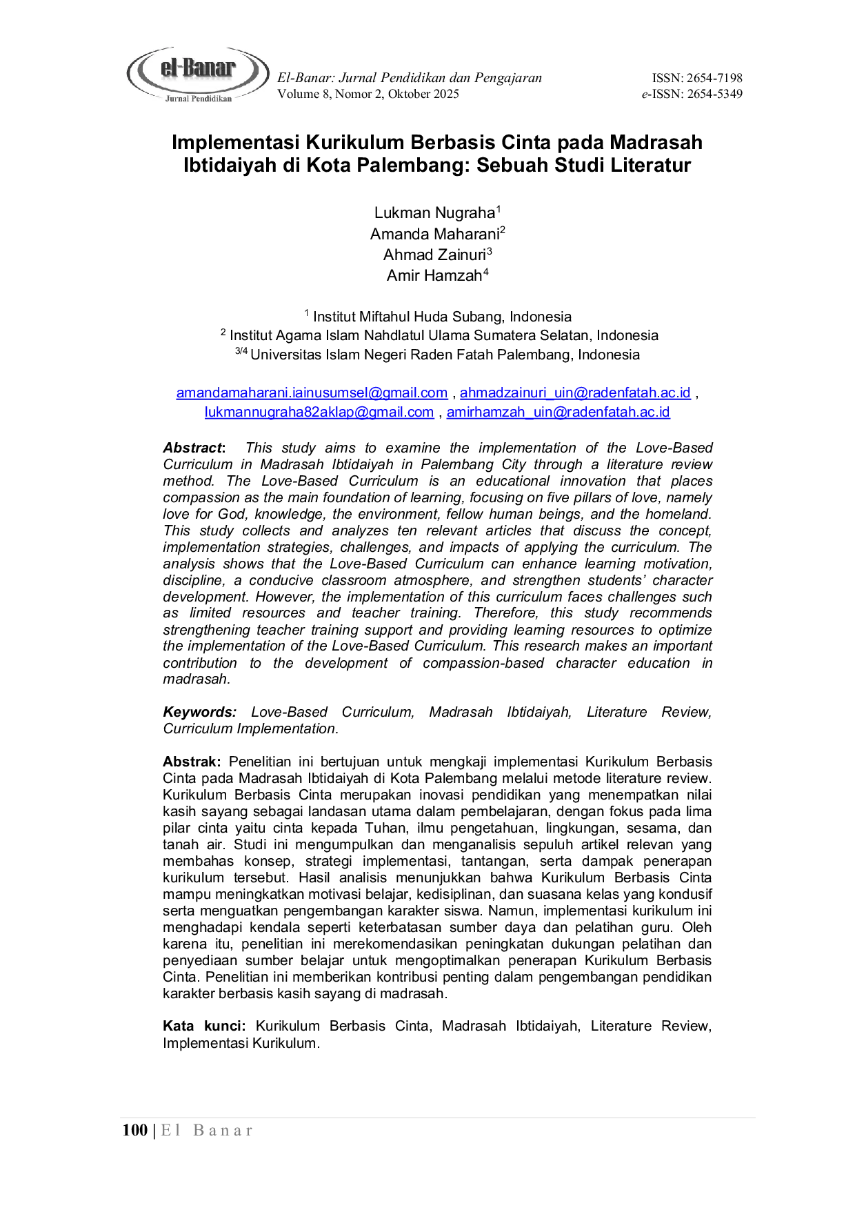 JURIS Implementasi Kurikulum Berbasis Cinta pada Madrasah Ibtidaiyah di Kota Palembang Sebuah Studi Literatur