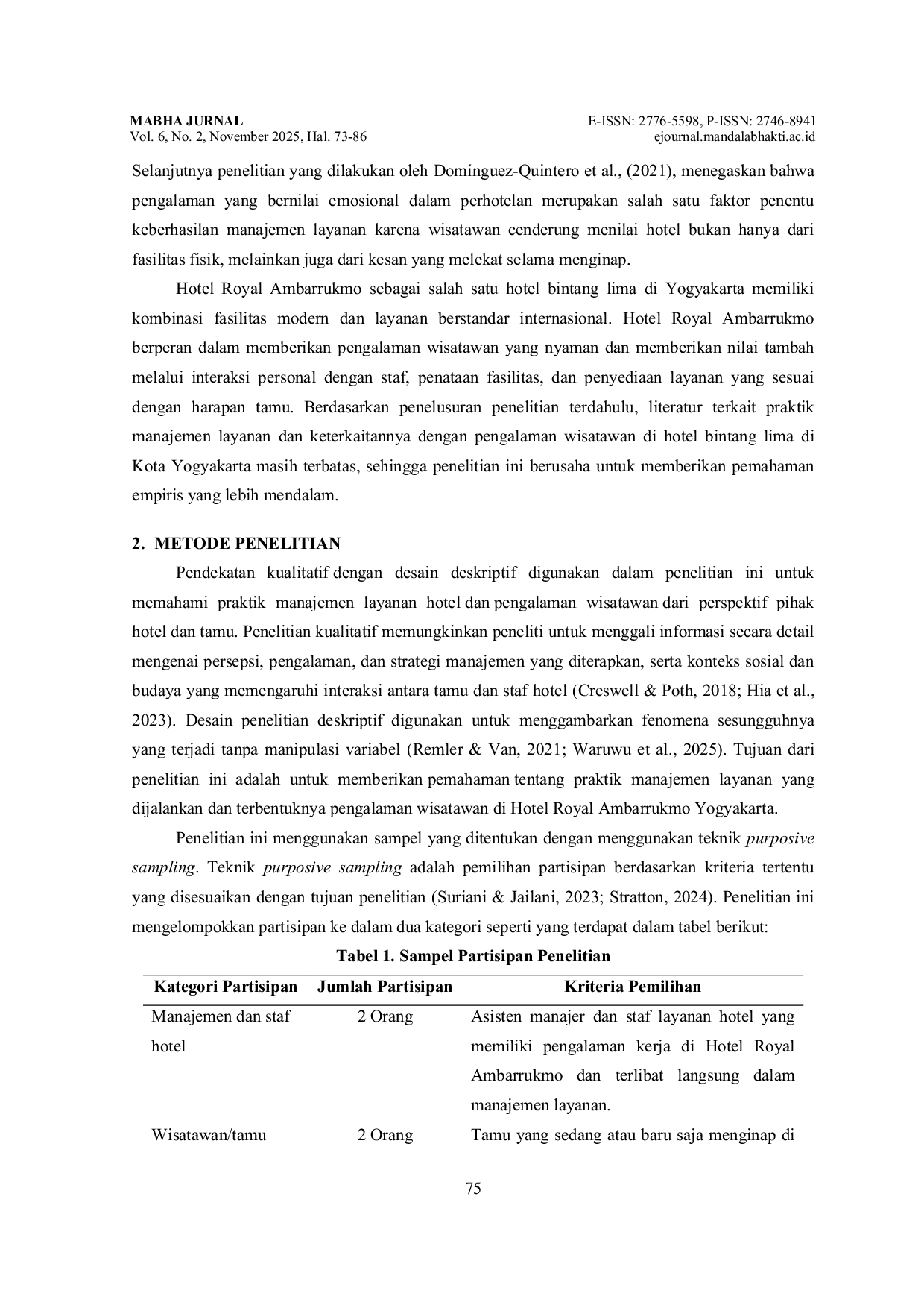 JURIS Manajemen Layanan dan Pengalaman Wisatawan di Hotel Royal Ambarrukmo Yogyakarta