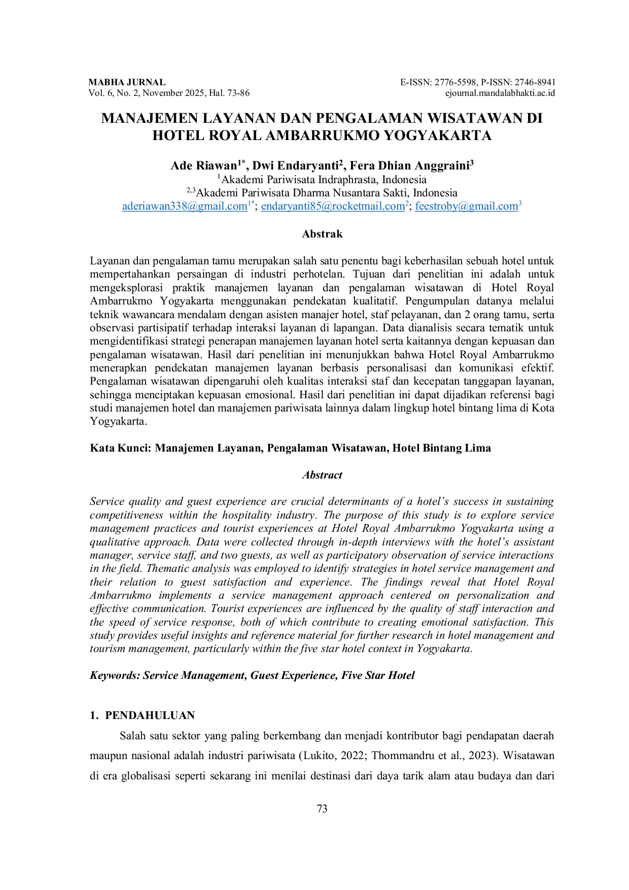 JURIS Manajemen Layanan dan Pengalaman Wisatawan di Hotel Royal Ambarrukmo Yogyakarta