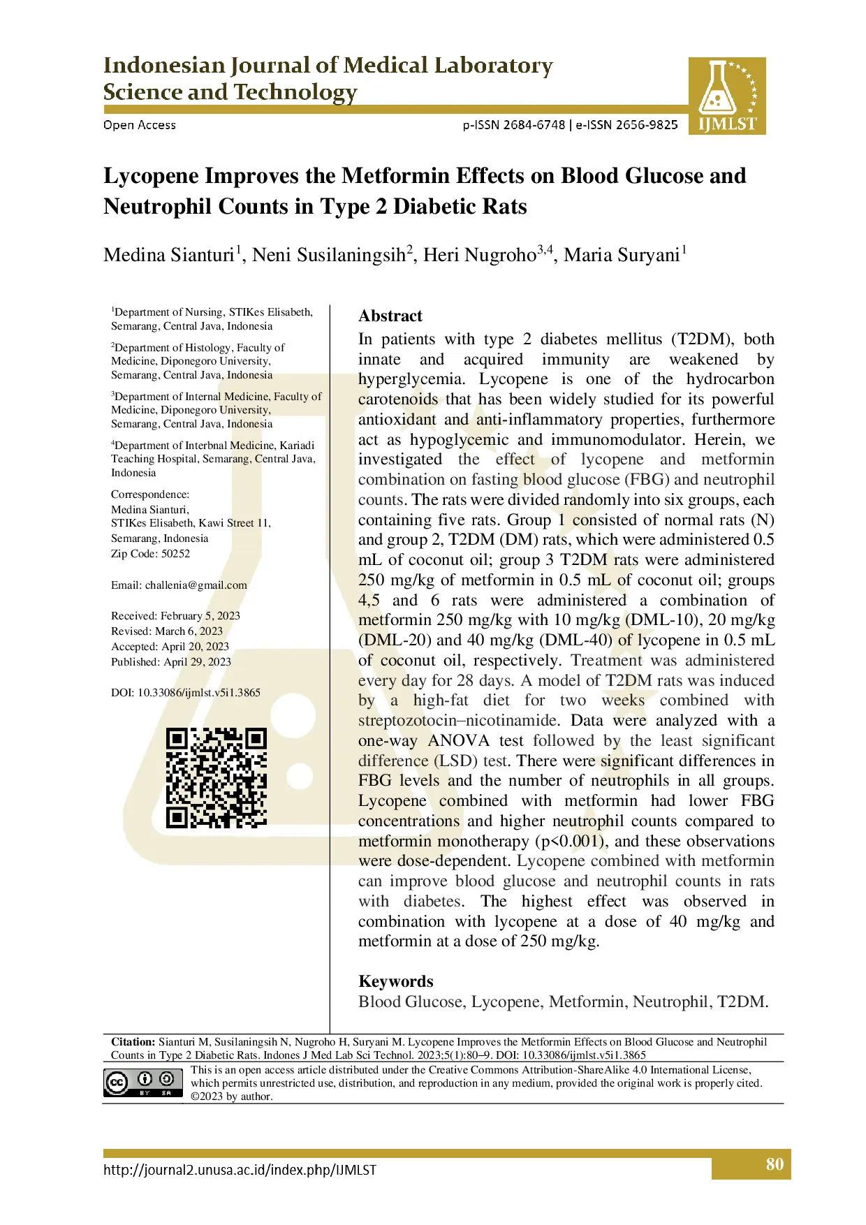 juris Lycopene Improves the Metformin Effects on Blood Glucose and Neutrophil Counts in Type 2 Diabetic Rats