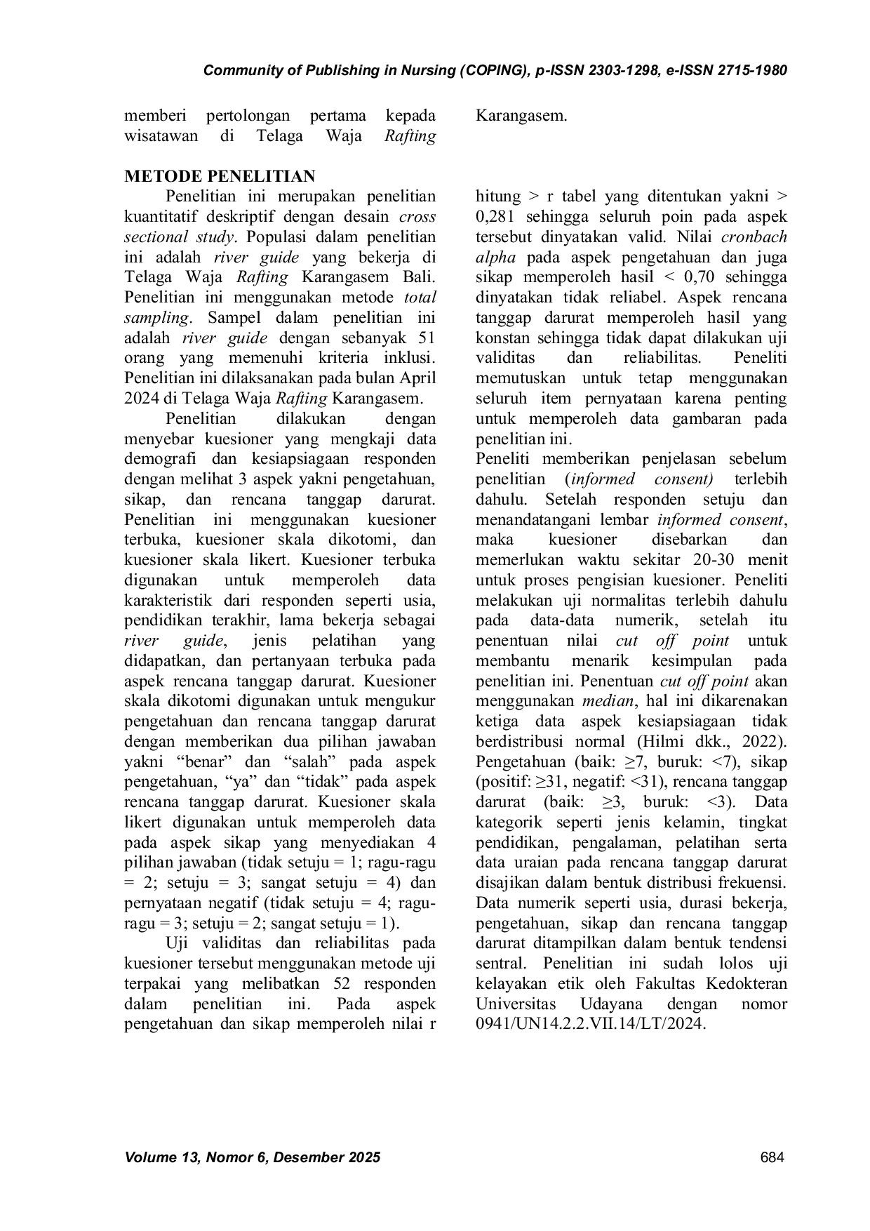 JURIS Gambaran Kesiapsiagaan River Guide Dalam Memberi Pertolongan Pertama Pada Kegawatdaruratan Wisata Air