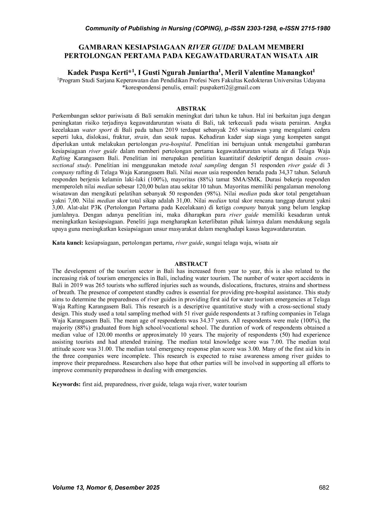 JURIS Gambaran Kesiapsiagaan River Guide Dalam Memberi Pertolongan Pertama Pada Kegawatdaruratan Wisata Air