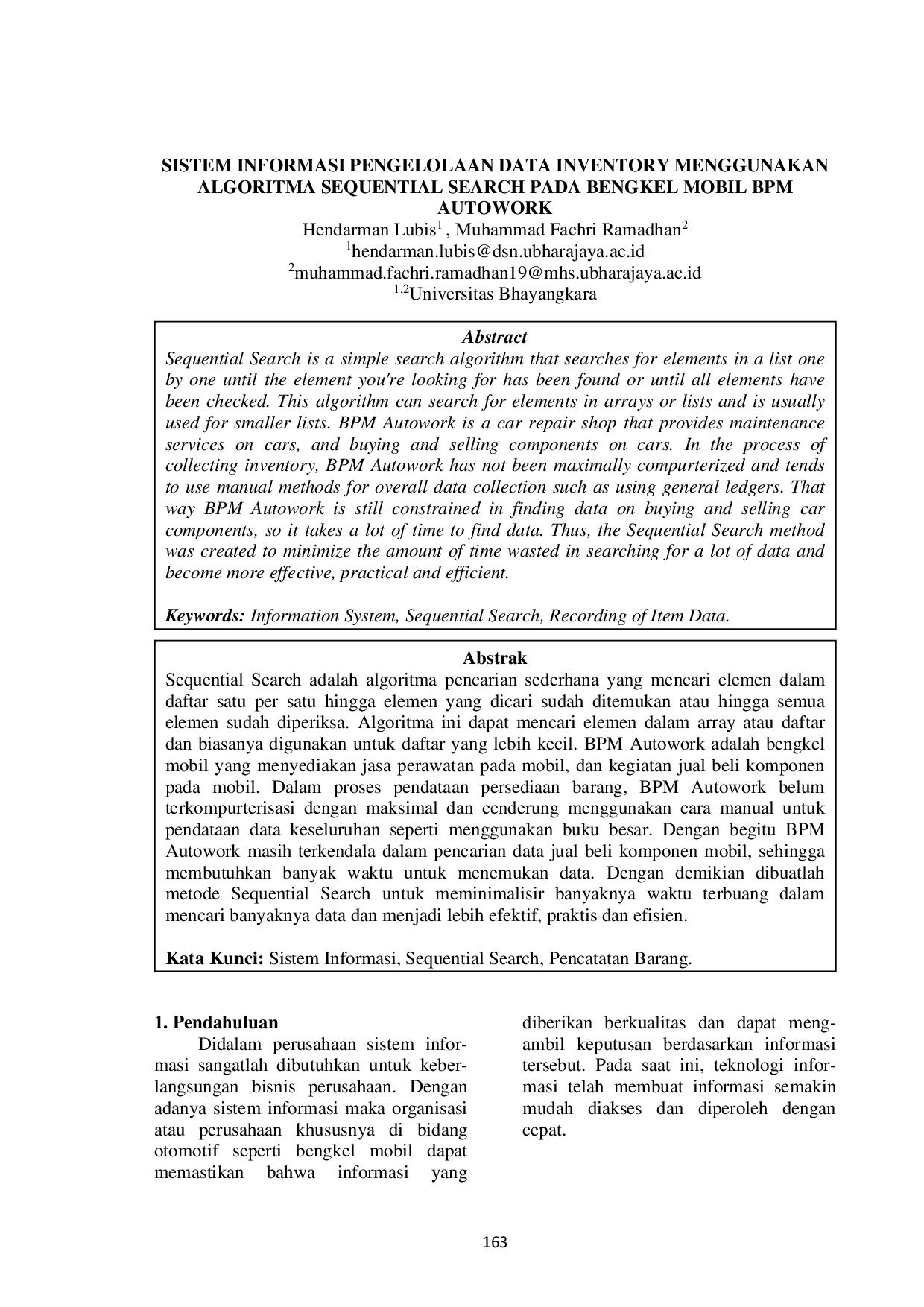 JURIS SISTEM INFORMASI PENGELOLAAN DATA INVENTORY MENGGUNAKAN ALGORITMA SEQUENTIAL SEARCH PADA BENGKEL MOBIL BPM AUTOWORK