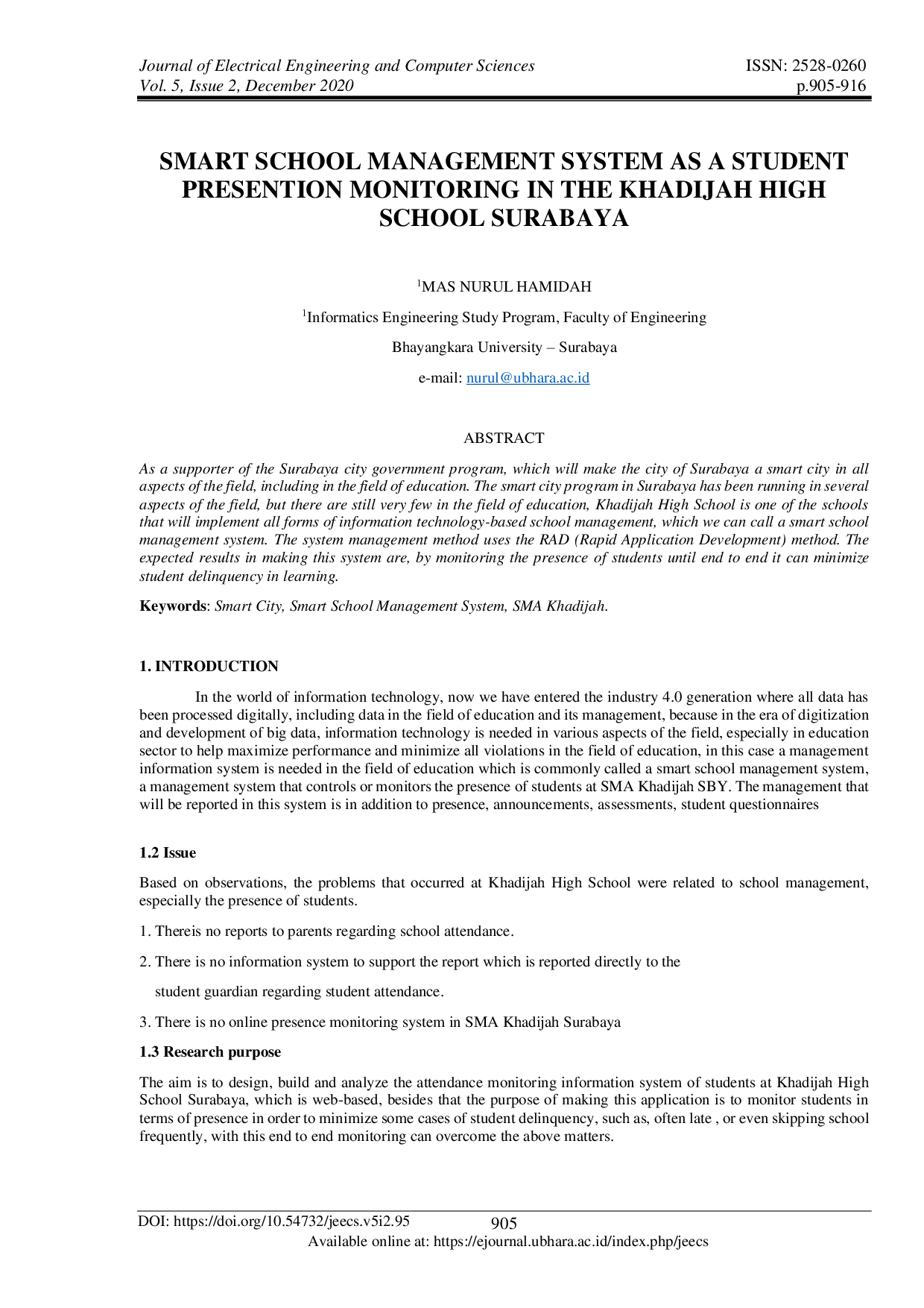 JURIS Smart School Management System as A Student Presention Monitoring in The Khadijah High School Surabaya
