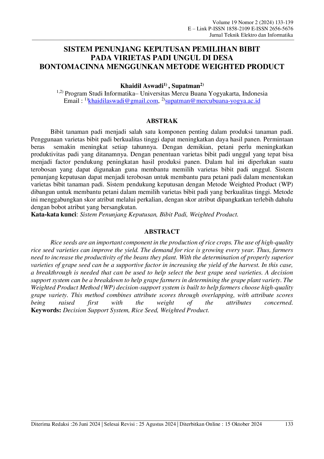 JURIS Sistem Penunjang Keputusan Pemilihan Bibit Padi Unggul di Desa Bontomacinna Menggunakan Metode Weighted Product