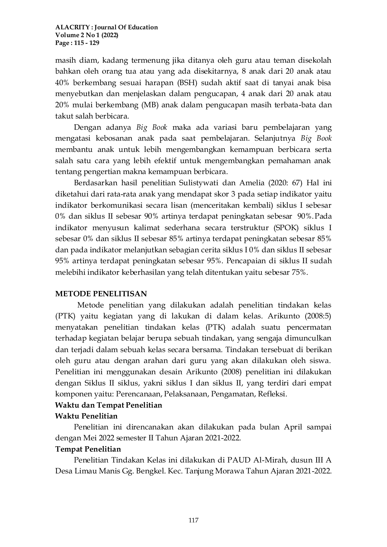 JURIS Upaya Meningkatkan Kemampuan Berbicara Pada Anak Usia Dini Melalui Media Big Book Pada Kelompok B Di PAUD Al Mirah Tahun Ajaran 2021 2022