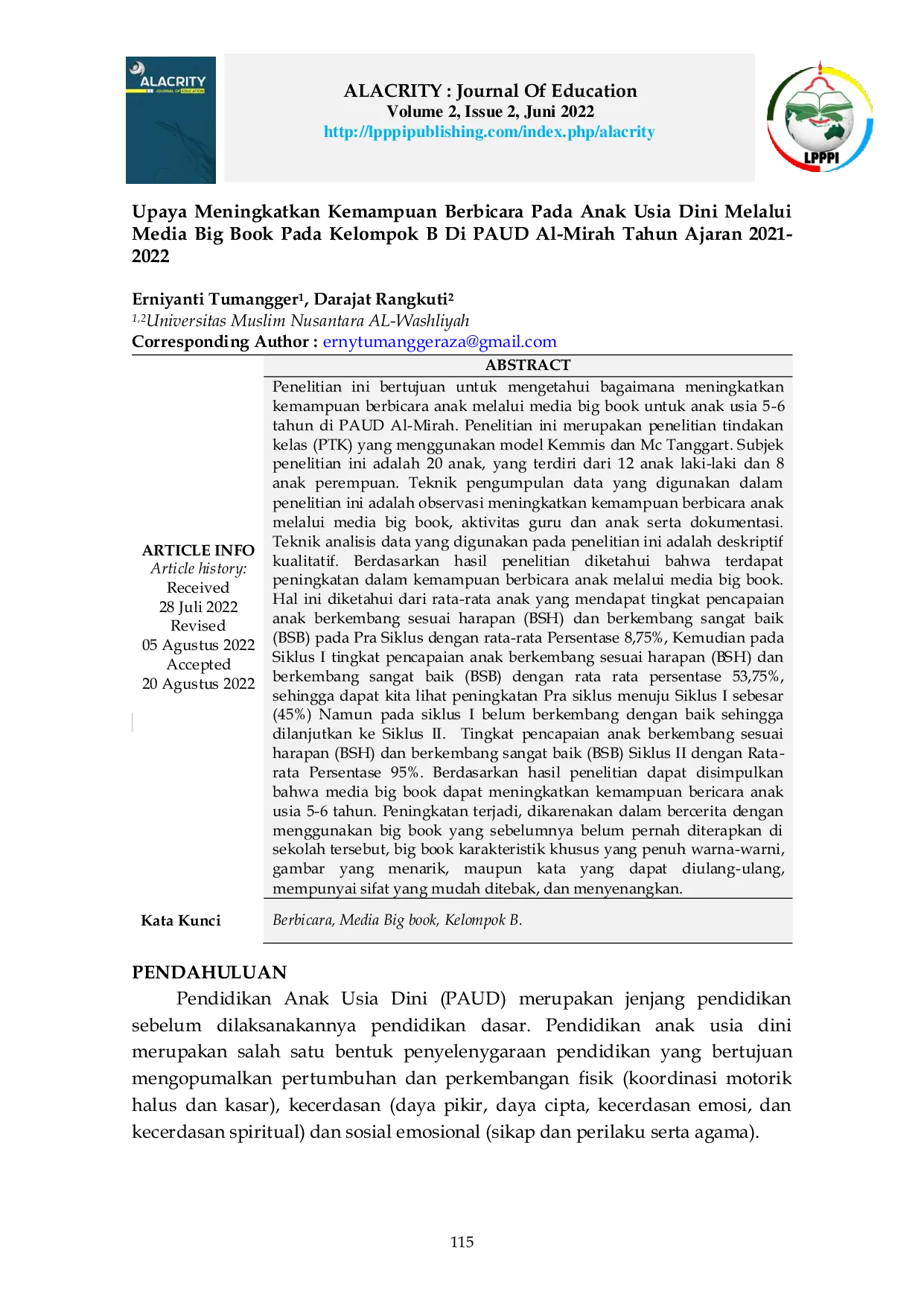 JURIS Upaya Meningkatkan Kemampuan Berbicara Pada Anak Usia Dini Melalui Media Big Book Pada Kelompok B Di PAUD Al Mirah Tahun Ajaran 2021 2022