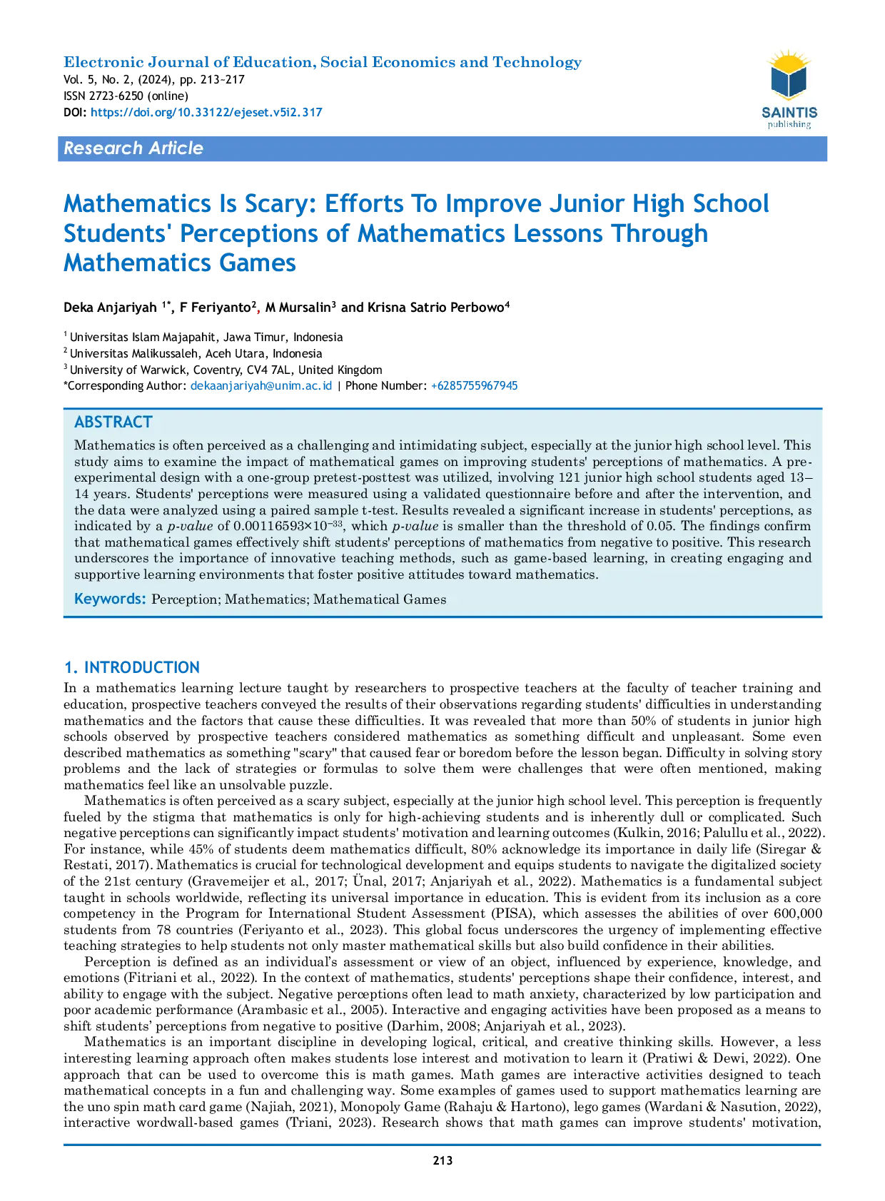 JURIS Mathematics Is Scary Efforts To Improve Junior High School Students Perceptions of Mathematics Lessons Through Mathematics Games