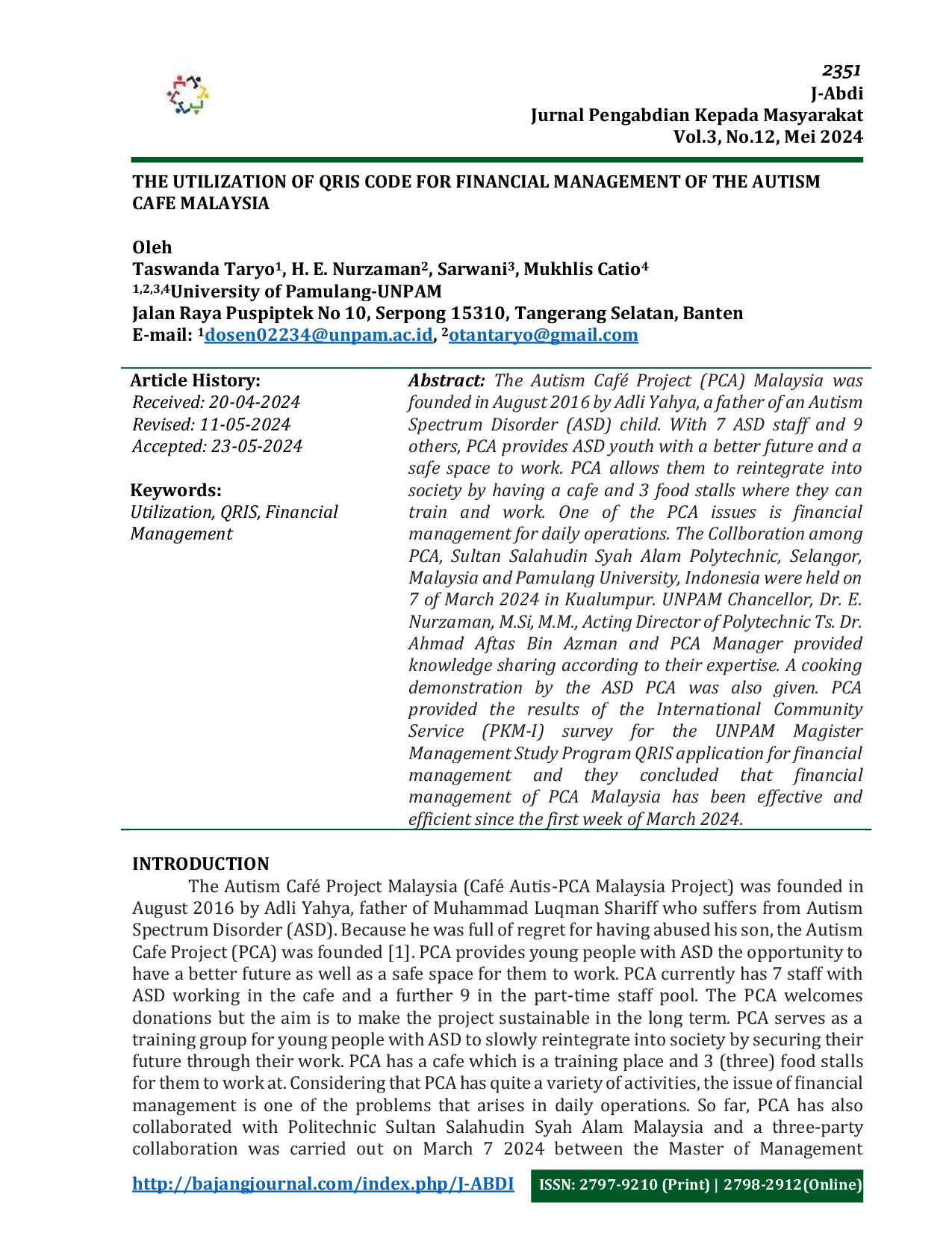 JURIS The Utilization of QRIS Code for Financial Management of the Autism Caf Malaysia
