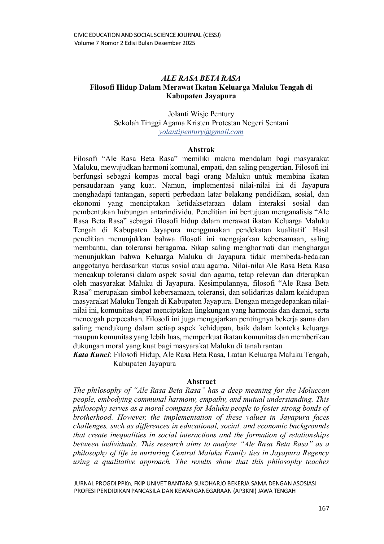 JURIS Ale Rasa Beta Rasa Filosofi Hidup Dalam Merawat Ikatan Keluarga Maluku Tengah di Kabupaten Jayapura