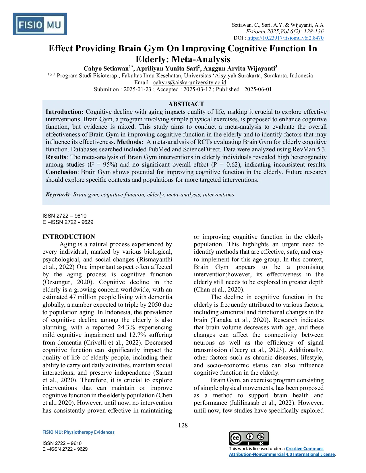JURIS Effect Providing Brain Gym On Improving Cognitive Function In Elderly Meta Analysis