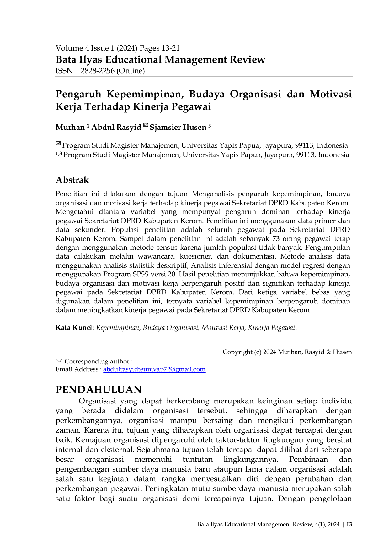 JURIS Pengaruh Kepemimpinan Budaya Organisasi dan Motivasi Kerja Terhadap Kinerja Pegawai