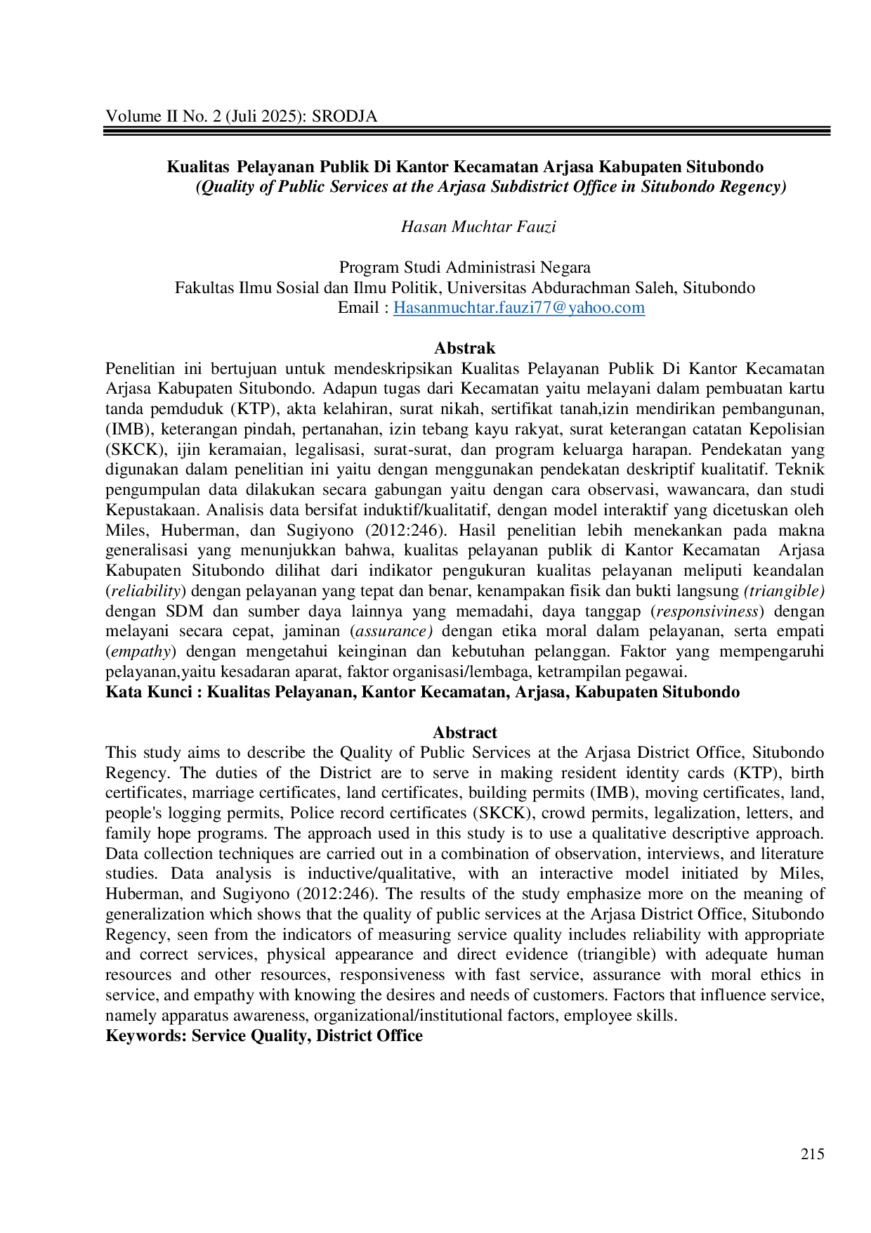 JURIS Kualitas Pelayanan Publik Di Kantor Kecamatan Arjasa Kabupaten Situbondo
