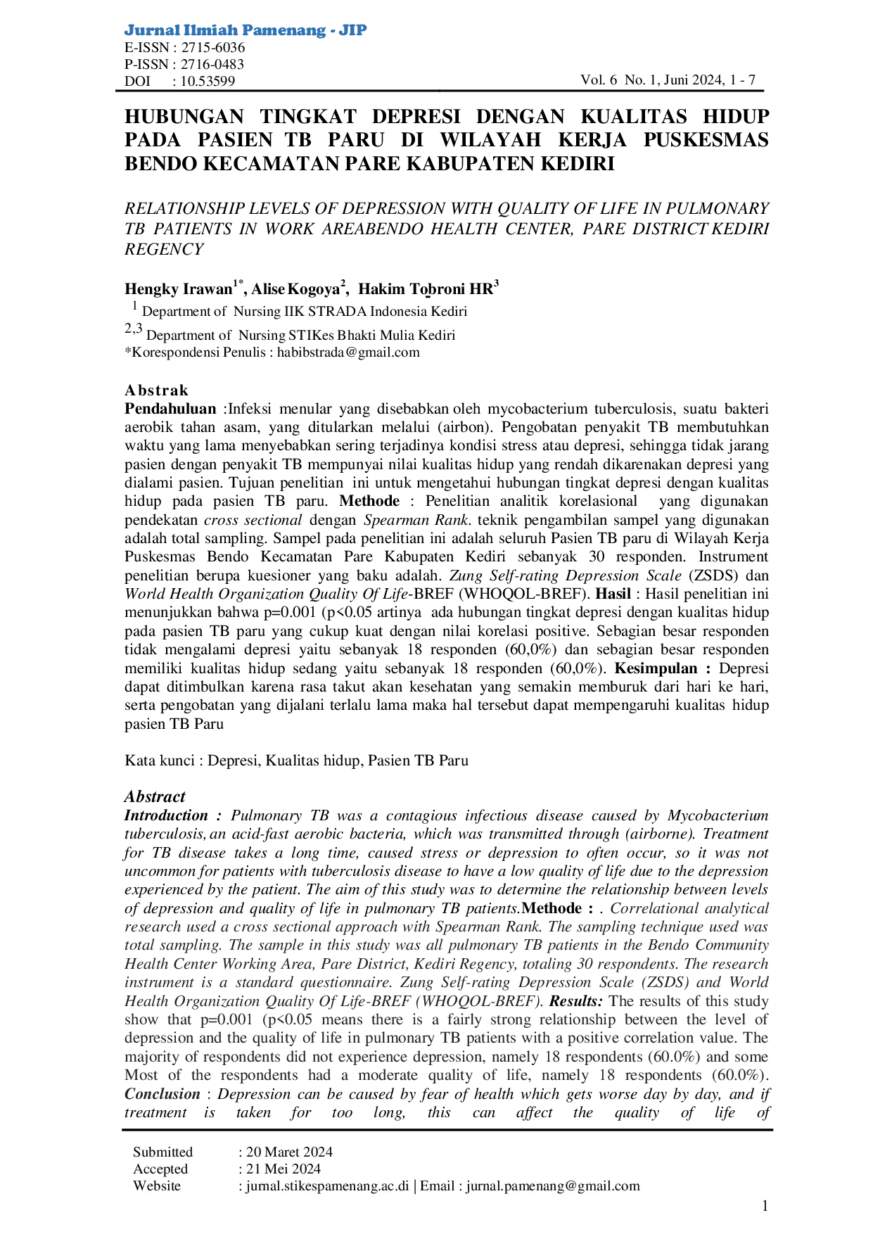 JURIS Hubungan Tingkat Depresi Dengan Kualitas Hidup Pada Pasien TB Paru Di Wilayah Kerja Puskesmas Bendo Kecamatan Pare Kabupaten Kediri