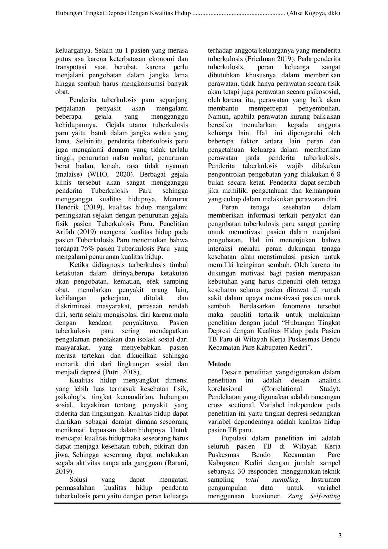 JURIS Hubungan Tingkat Depresi Dengan Kualitas Hidup Pada Pasien TB Paru Di Wilayah Kerja Puskesmas Bendo Kecamatan Pare Kabupaten Kediri