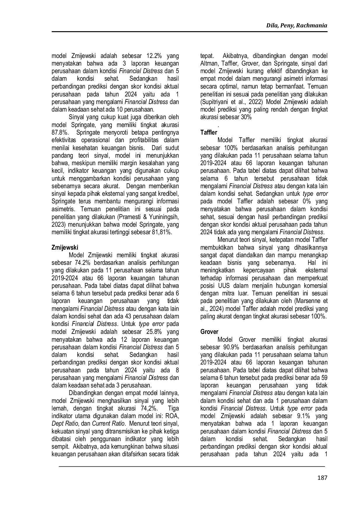 JURIS Analisis Perbandingan Tingkat Akurasi Model Altman Z Score Springate Zmijewski Taffler dan Grover dalam Memprediksi Financial Distress Pada BPD yang Memiliki UUS Tahun 2019 2024