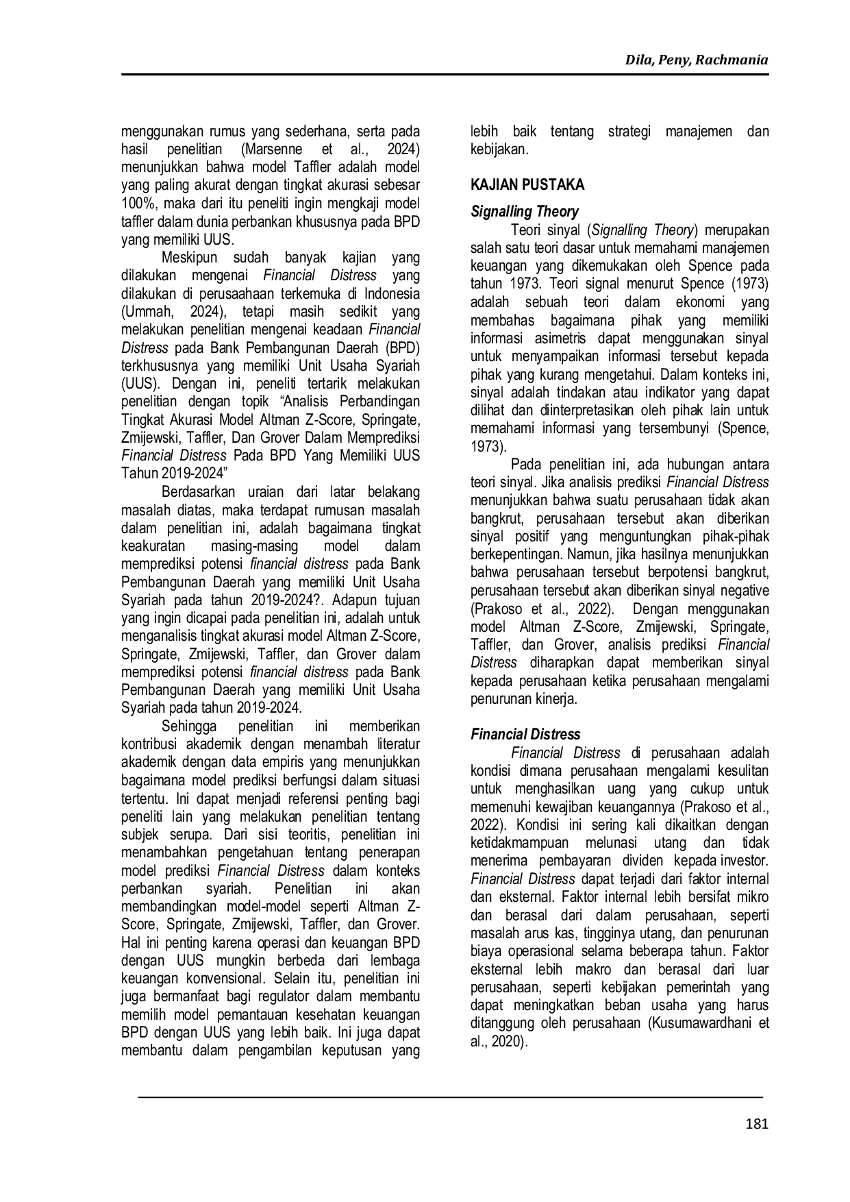 JURIS Analisis Perbandingan Tingkat Akurasi Model Altman Z Score Springate Zmijewski Taffler dan Grover dalam Memprediksi Financial Distress Pada BPD yang Memiliki UUS Tahun 2019 2024