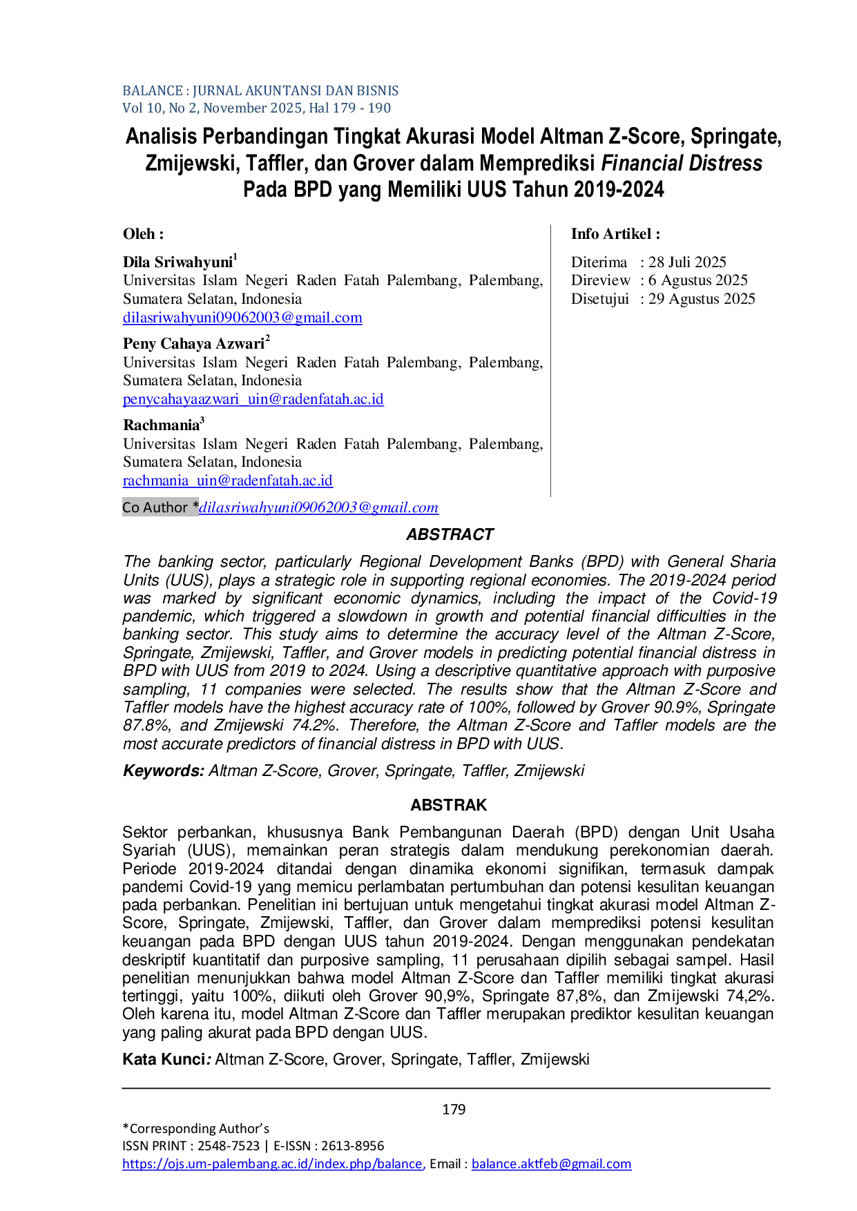 JURIS Analisis Perbandingan Tingkat Akurasi Model Altman Z Score Springate Zmijewski Taffler dan Grover dalam Memprediksi Financial Distress Pada BPD yang Memiliki UUS Tahun 2019 2024