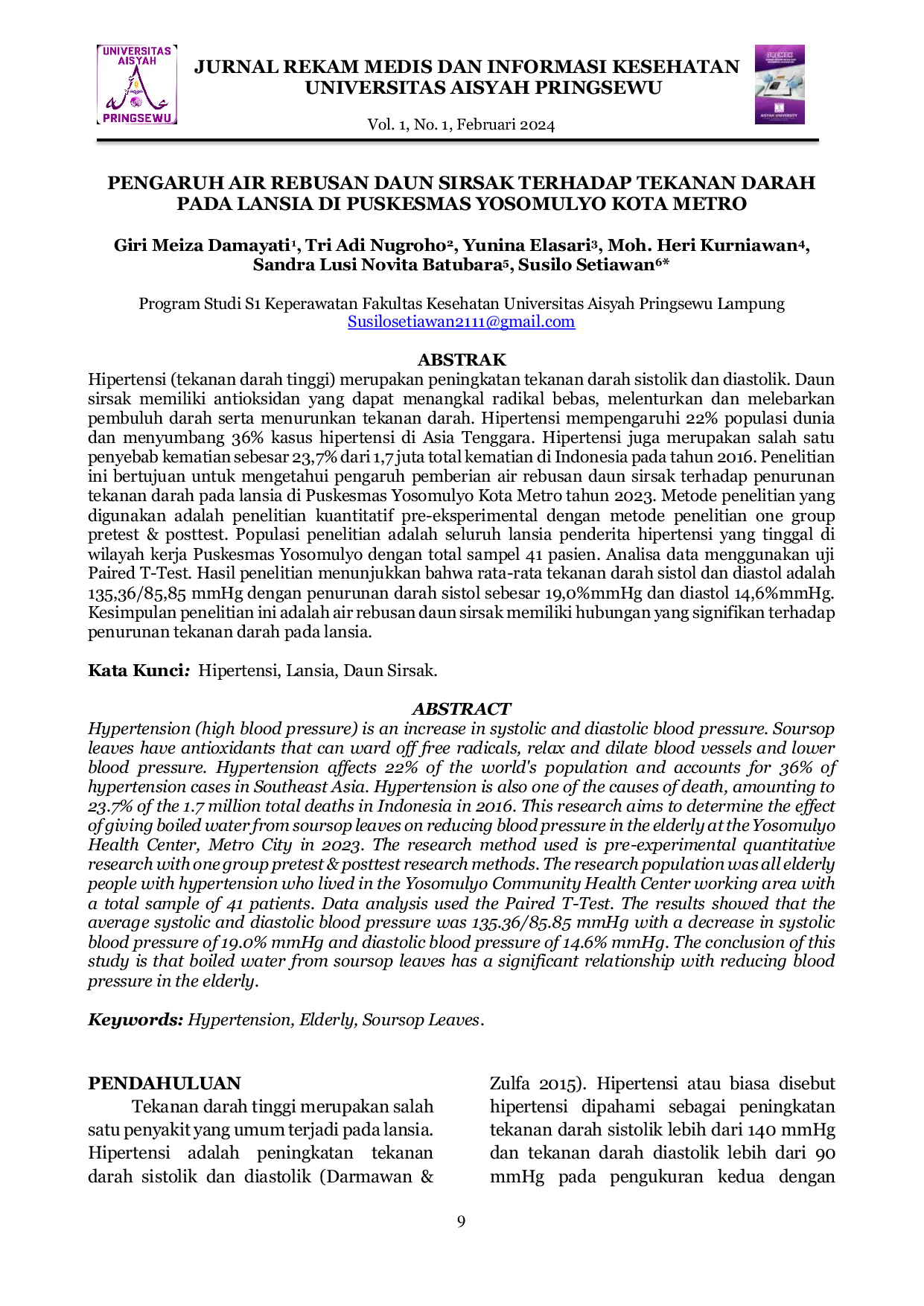 JURIS Pengaruh Air Rebusan Daun Sirsak terhadap Tekanan Darah pada Lansia di Puskesmas Yosomulyo Kota Metro