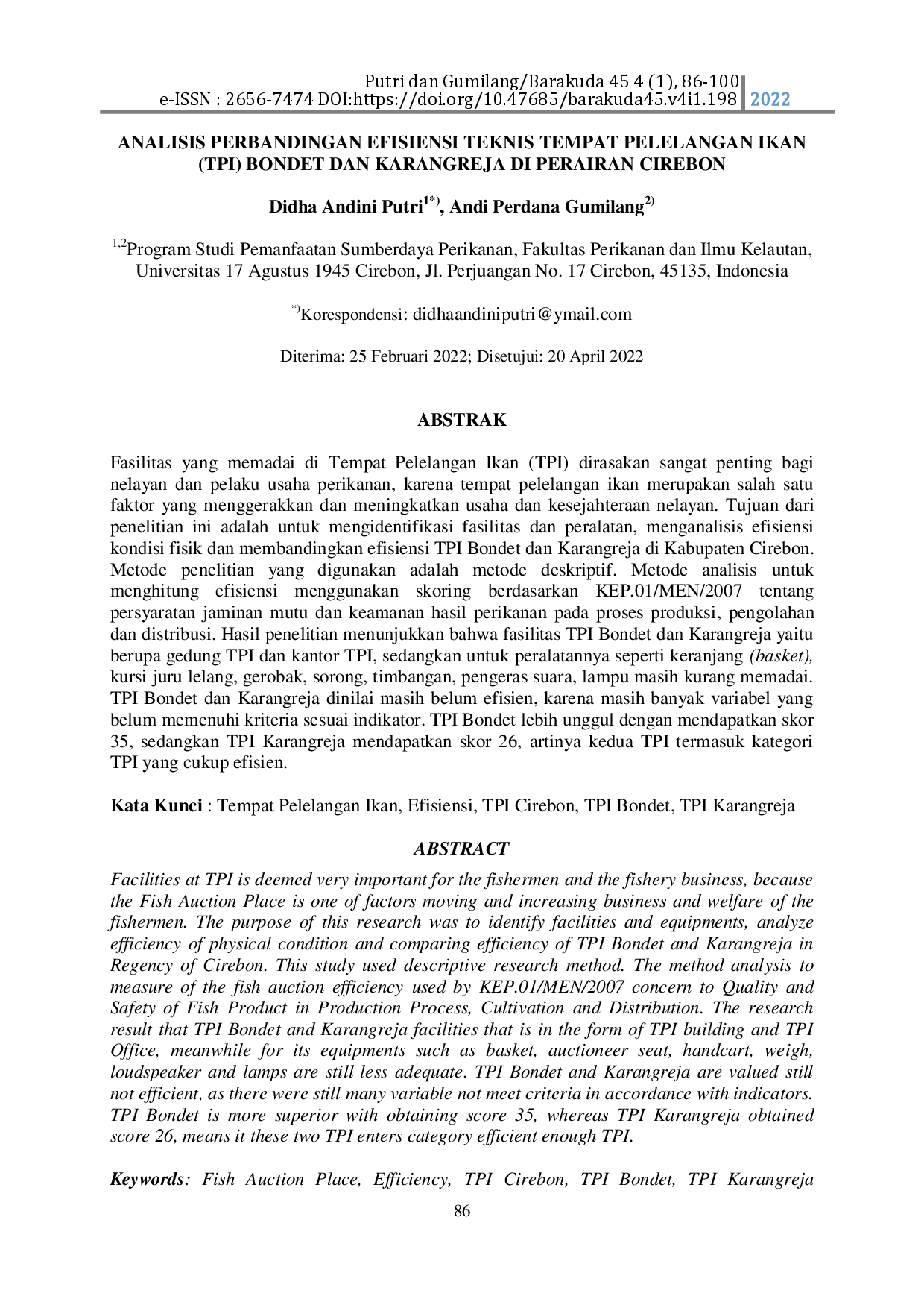 juris Analisis Perbandingan Efisiensi Teknis Tempat Pelelangan Ikan TPI Bondet Dan Karangreja di Perairan Cirebon